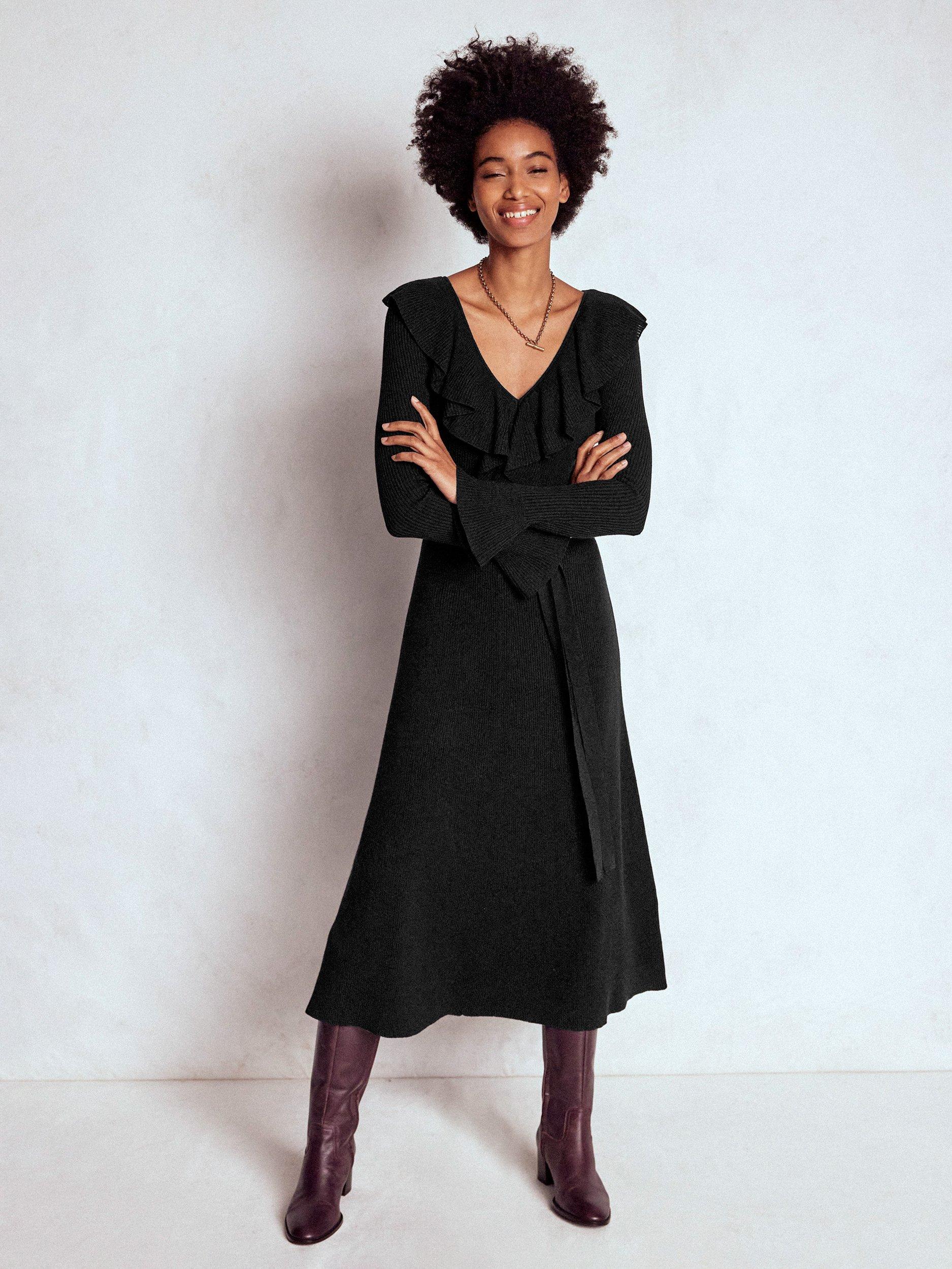 Product image 1 of 6, which shows Boden Henley Ruffled Ribbed Midi Dress with Wool, Black, 8