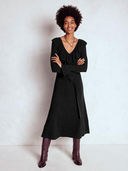 Boden Henley Ruffled Ribbed Midi Dress, Black, Black