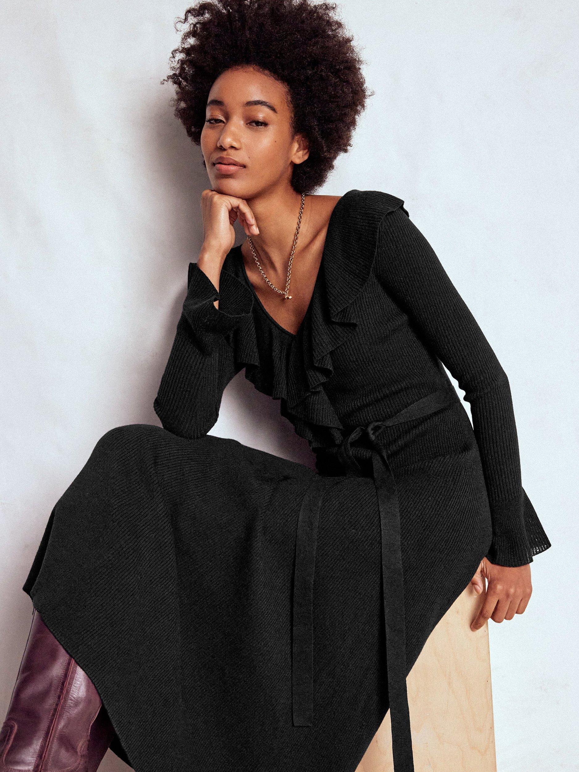 Product image 2 of 6, which shows Boden Henley Ruffled Ribbed Midi Dress with Wool, Black, 8