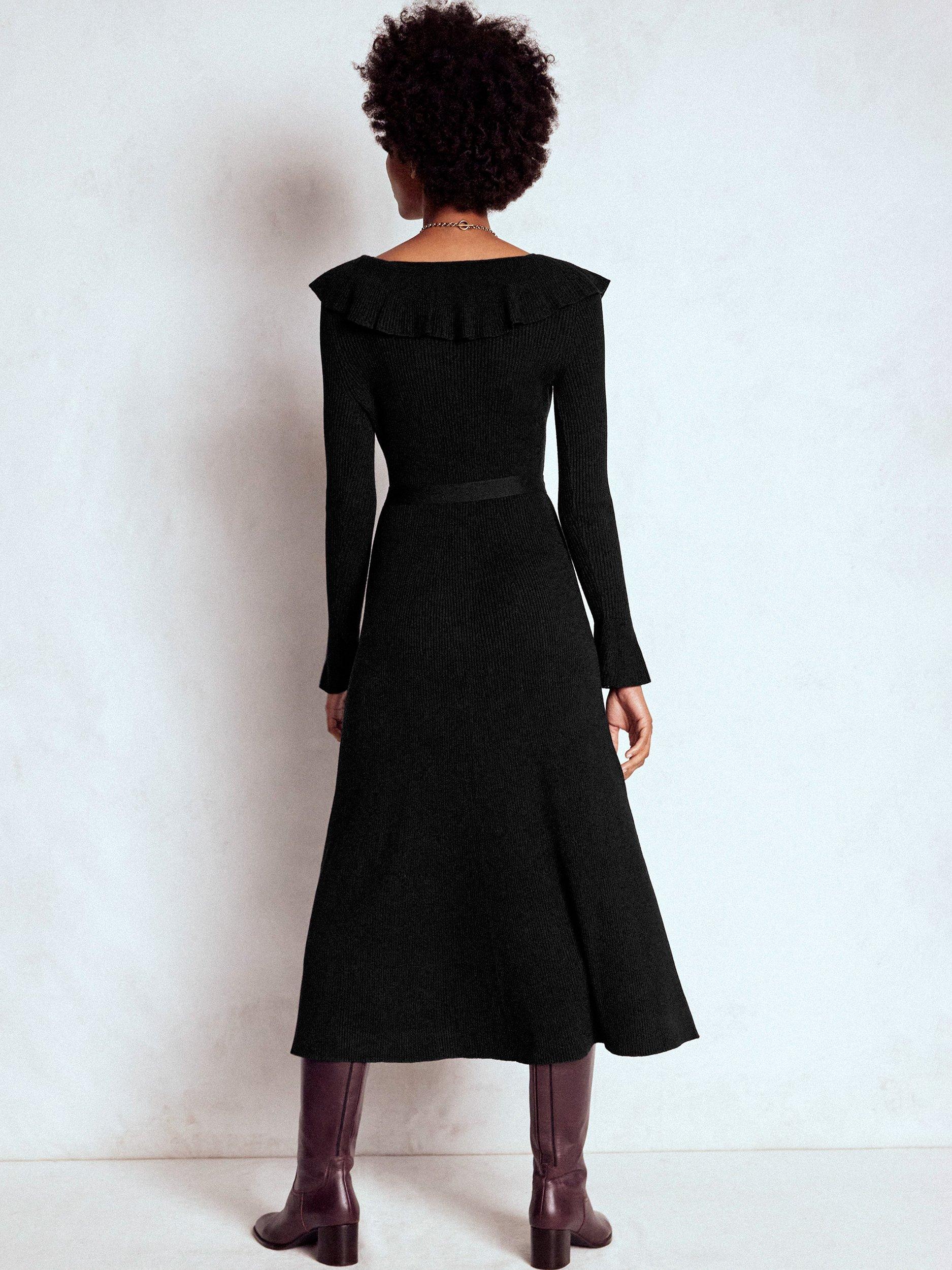 Product image 4 of 6, which shows Boden Henley Ruffled Ribbed Midi Dress with Wool, Black, 8