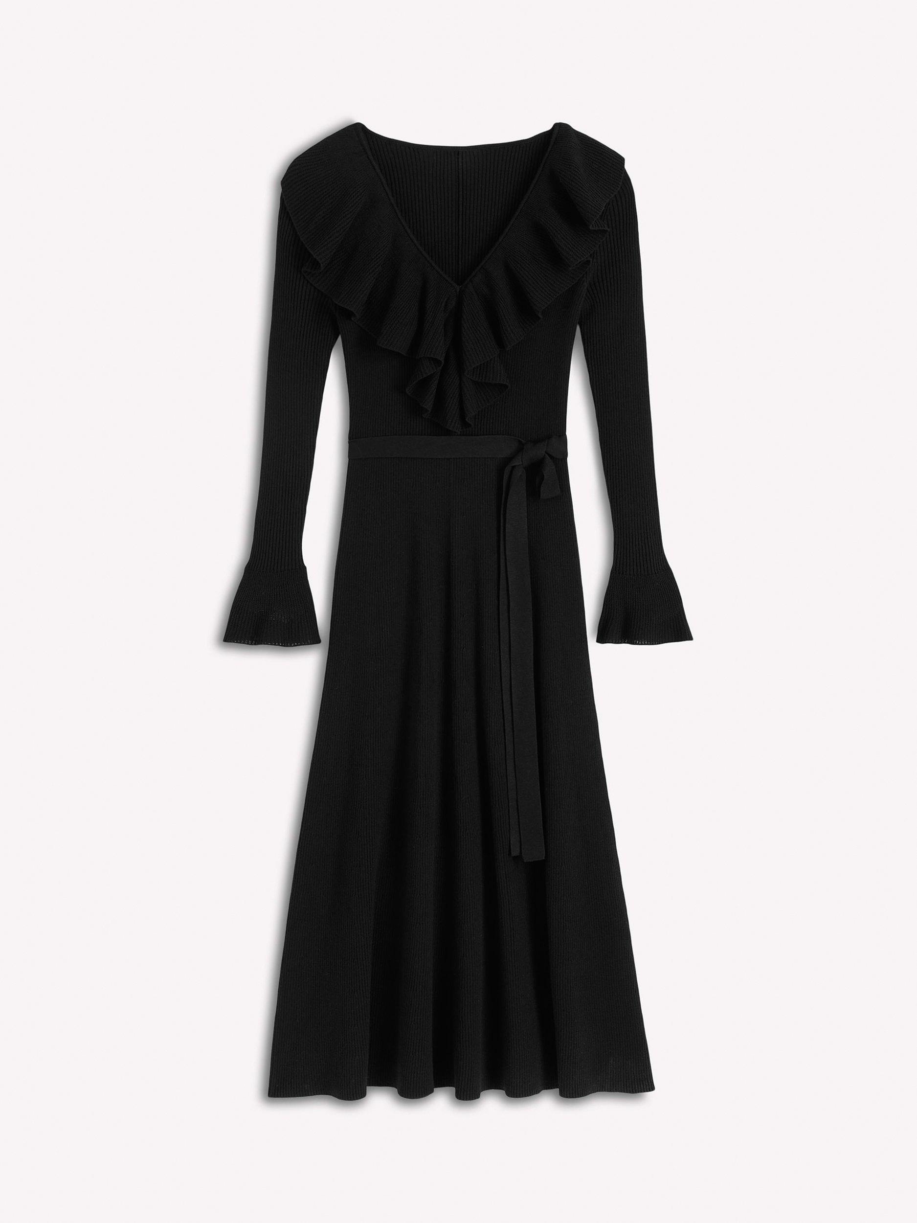 Product image 6 of 6, which shows Boden Henley Ruffled Ribbed Midi Dress with Wool, Black, 8