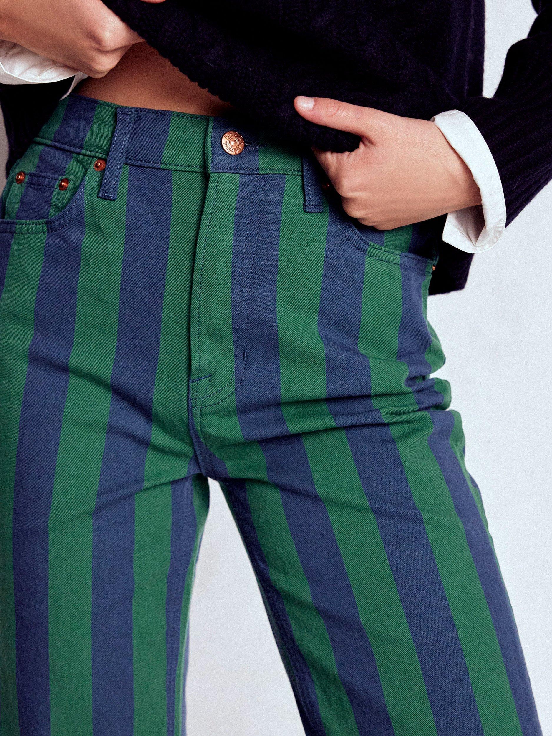 Product image 2 of 5, which shows Boden High Rise Stripe Straight Jeans, Green/Navy, 27R