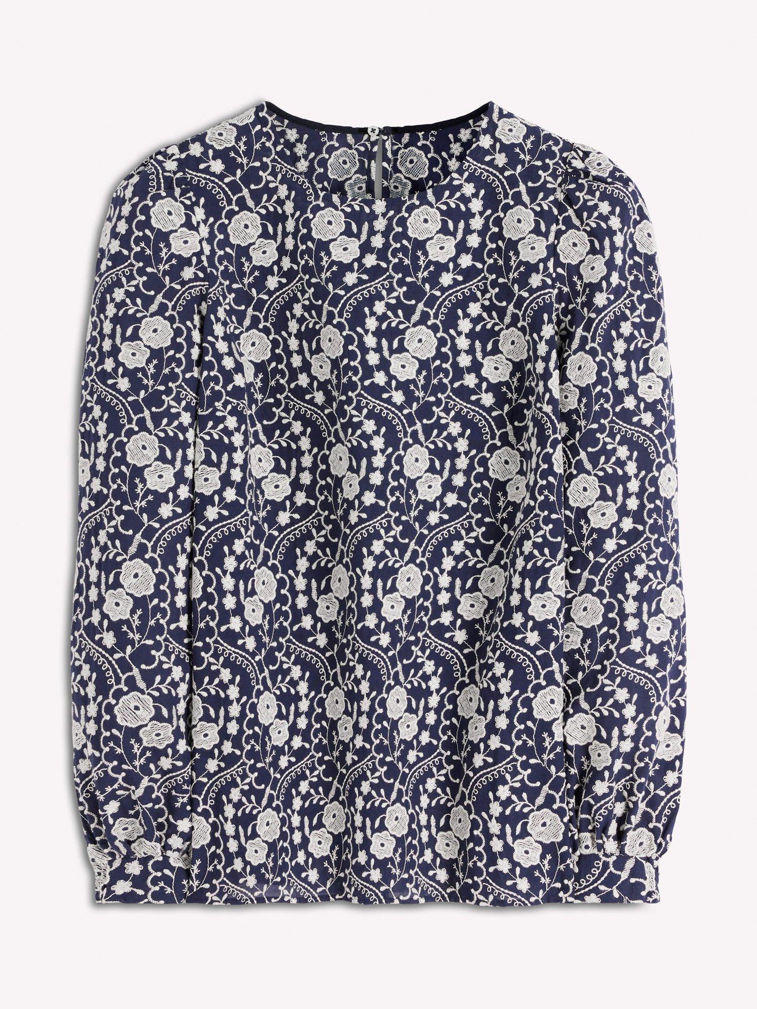 Product image 6 of 6, which shows Boden Floral Embroidered Top, Navy, 8
