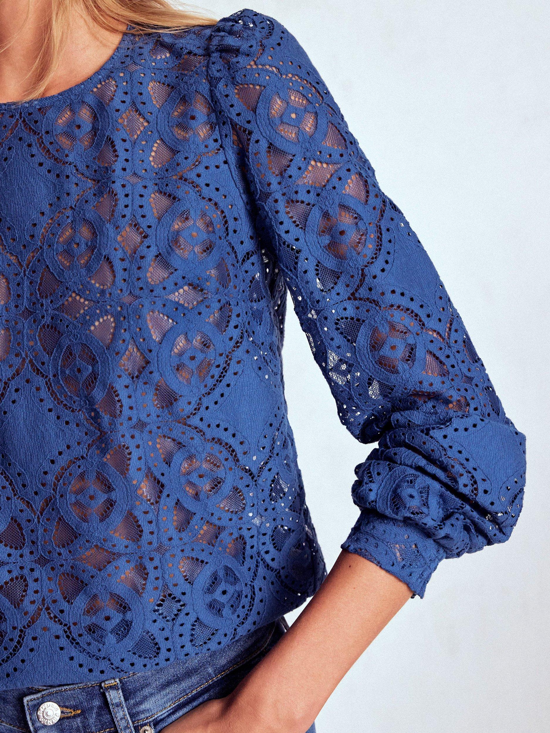 Product image 2 of 5, which shows Boden Lace Crew Neck Top, Denim Blue, 16