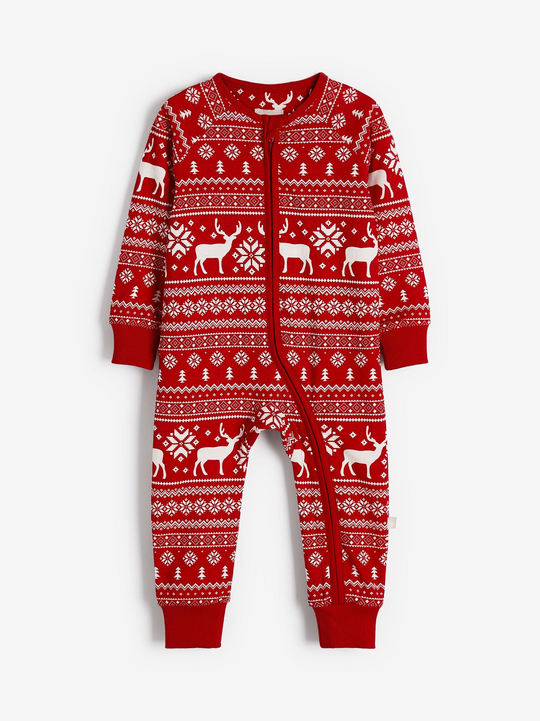Product image 1 of 11, which shows The Little Tailor Baby & Kids Christmas Fair Isle Sleepsuit, Red, 0-3 months