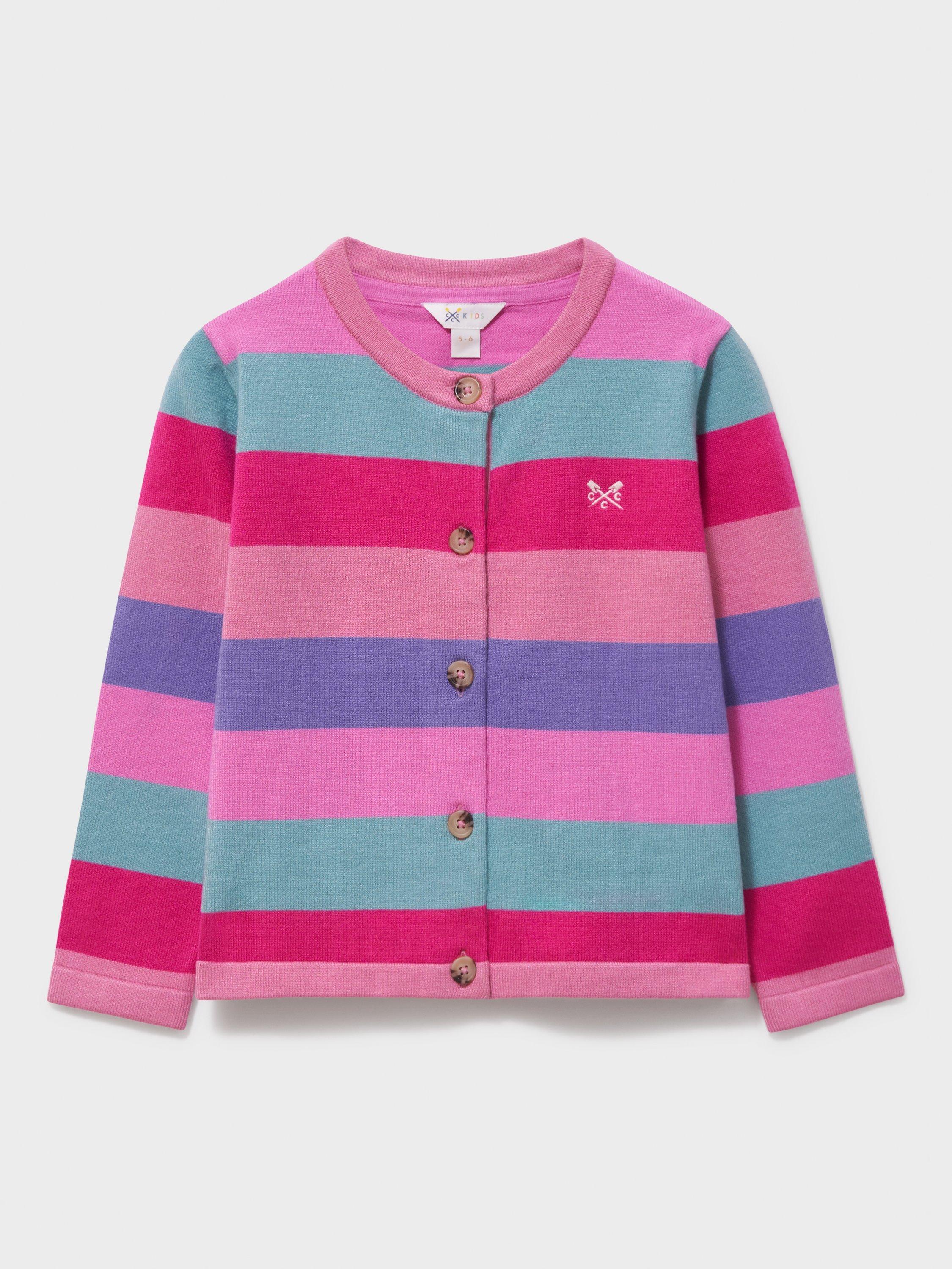 Product image 1 of 3, which shows Crew Clothing Kids' Striped Cardigan, Pink, 8-9 years