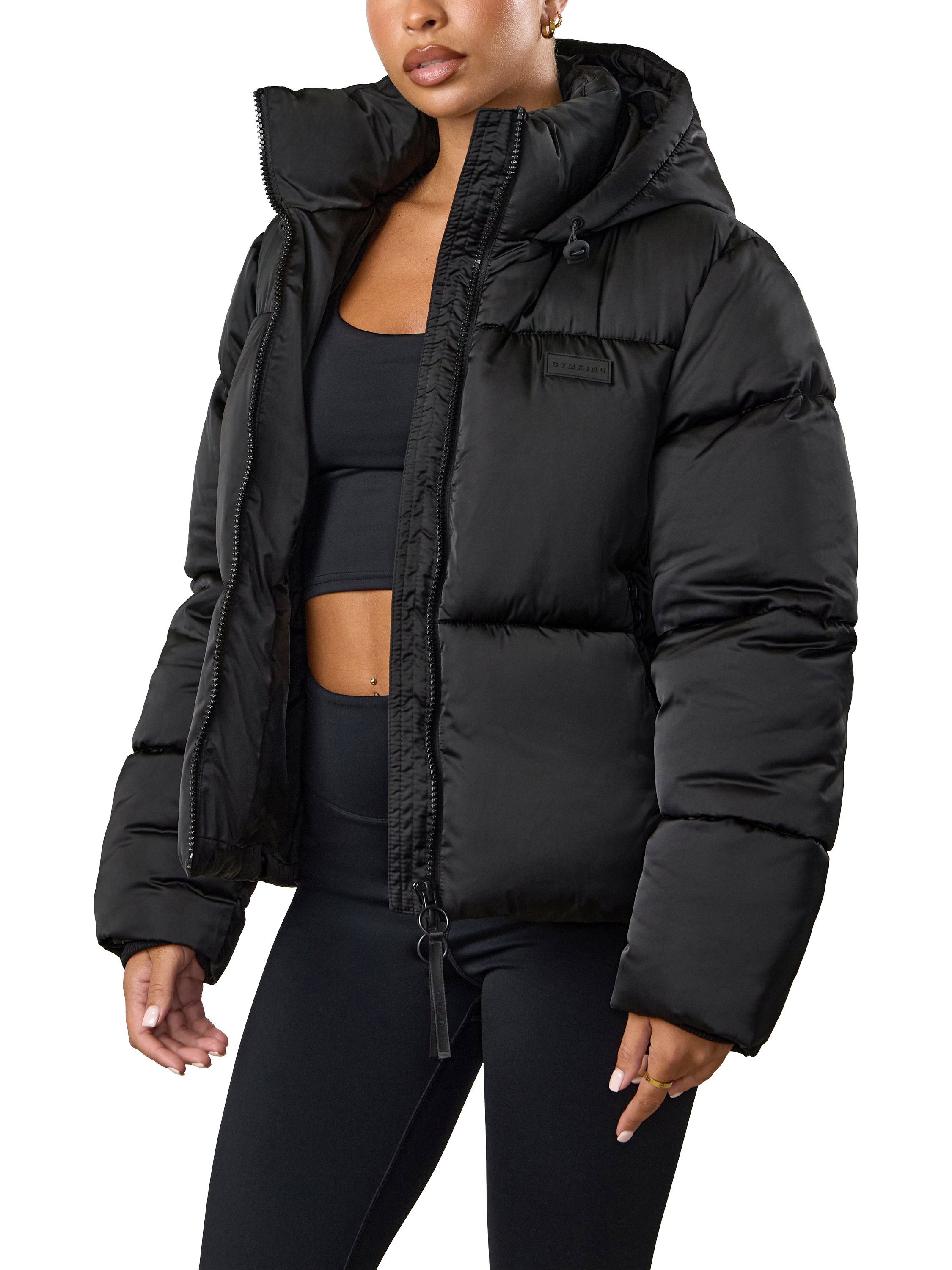 Gym King Women's Hooded Cropped Padded Jacket, Hi-shine Black