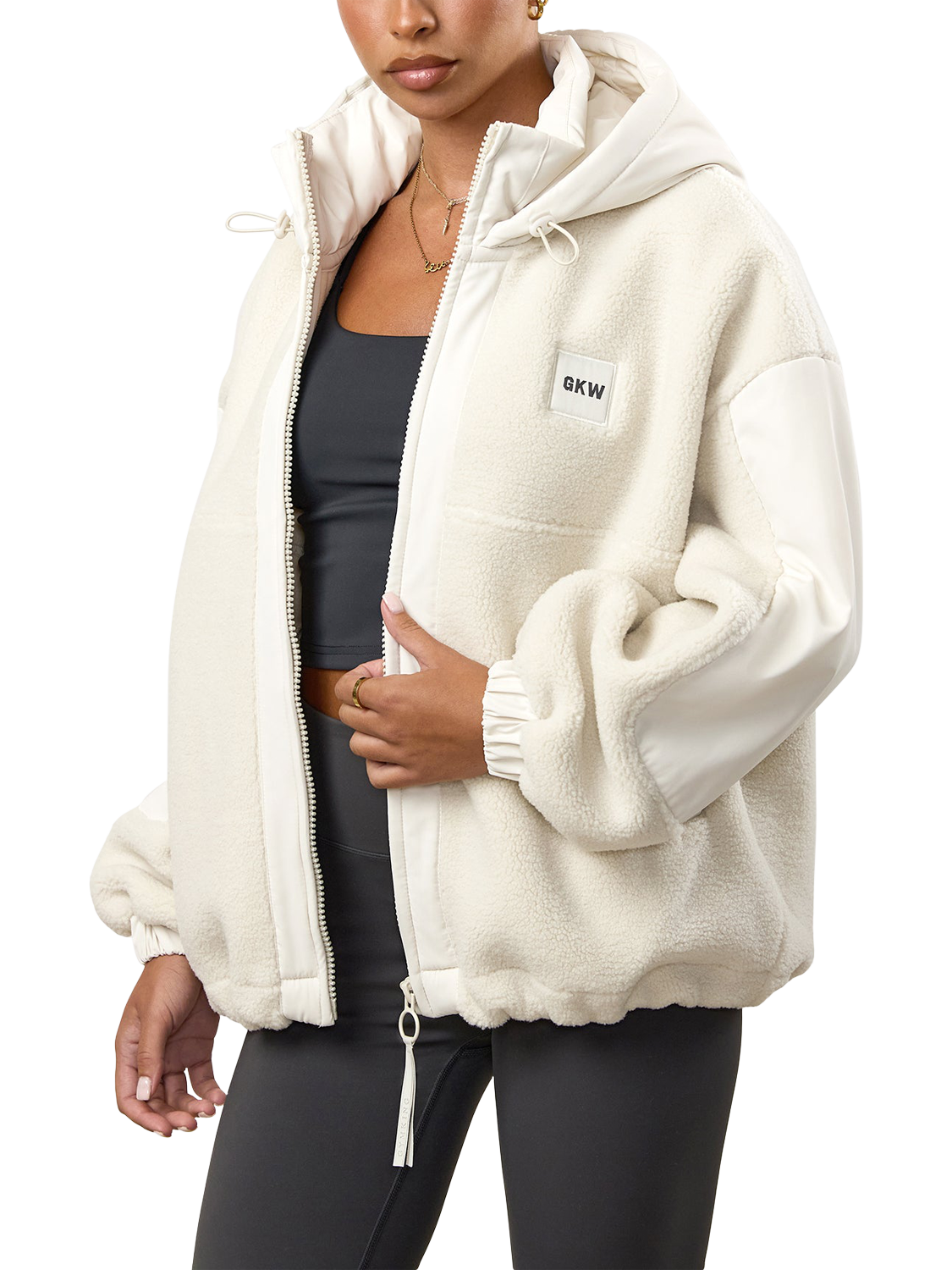 Product image 1 of 8, which shows Gym King Women's Hooded Borg Jacket, Cream, 16