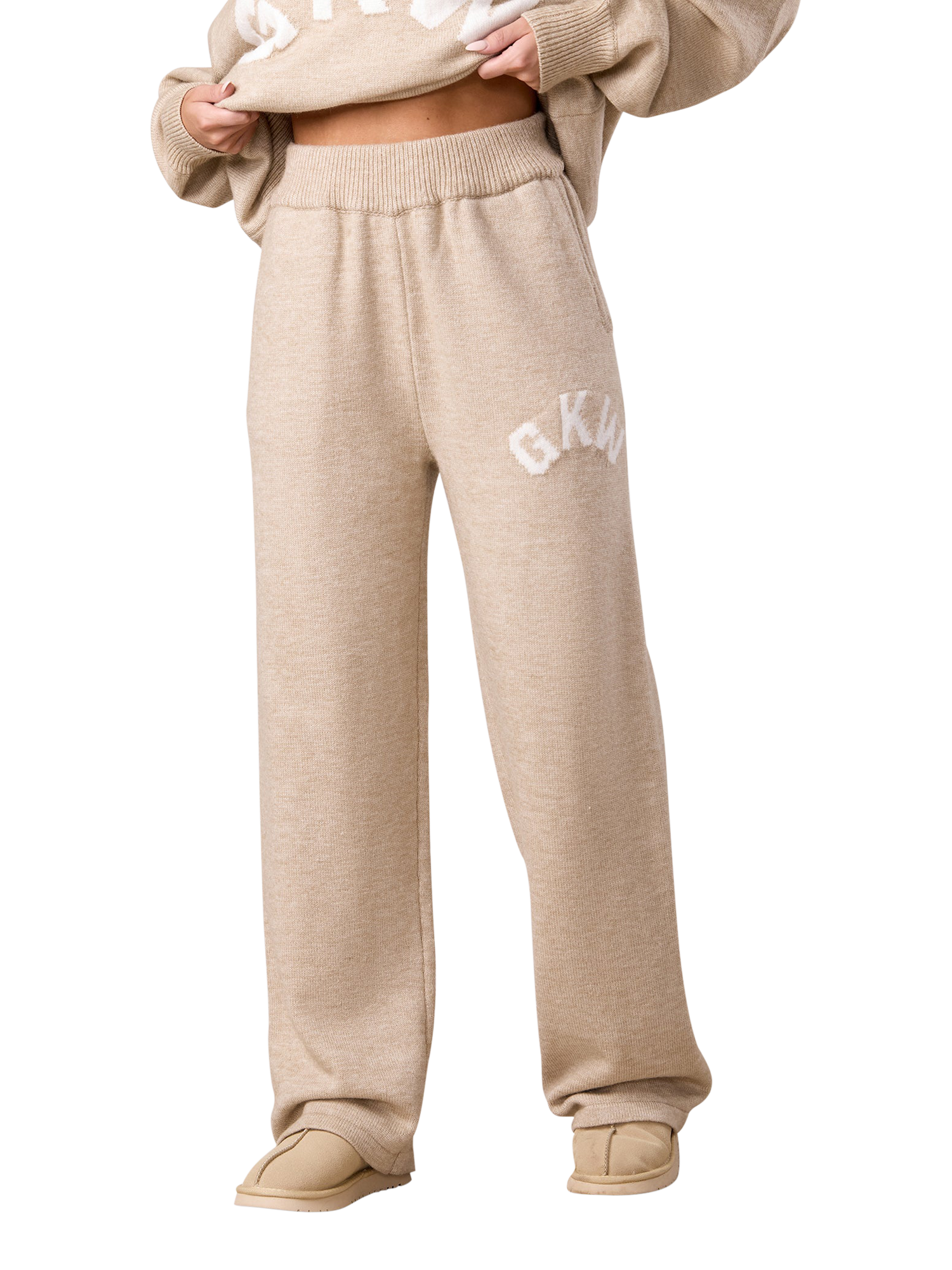 Product image 1 of 10, which shows Gym King Oversized Knitted Track Bottoms, Beige Marl, 12