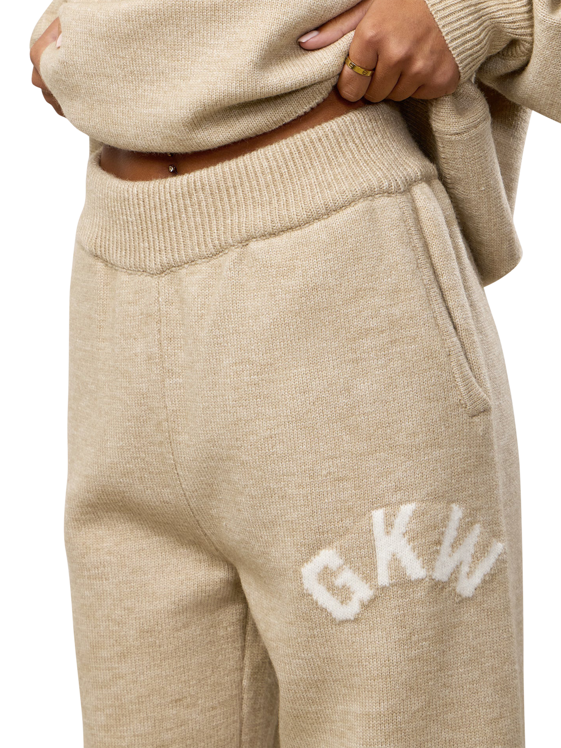 Product image 3 of 10, which shows Gym King Oversized Knitted Track Bottoms, Beige Marl, 12