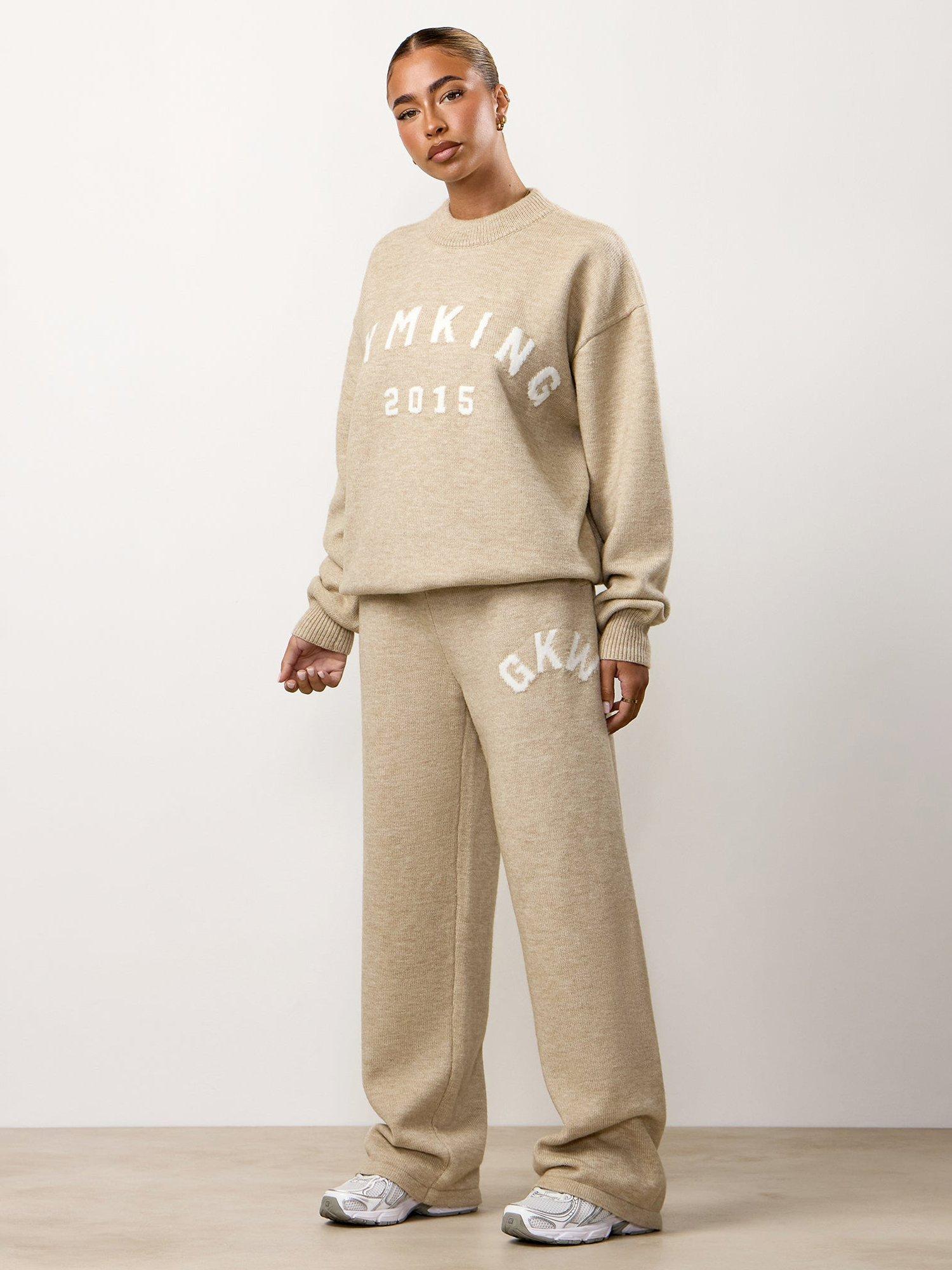 Product image 8 of 10, which shows Gym King Oversized Knitted Track Bottoms, Beige Marl, 12