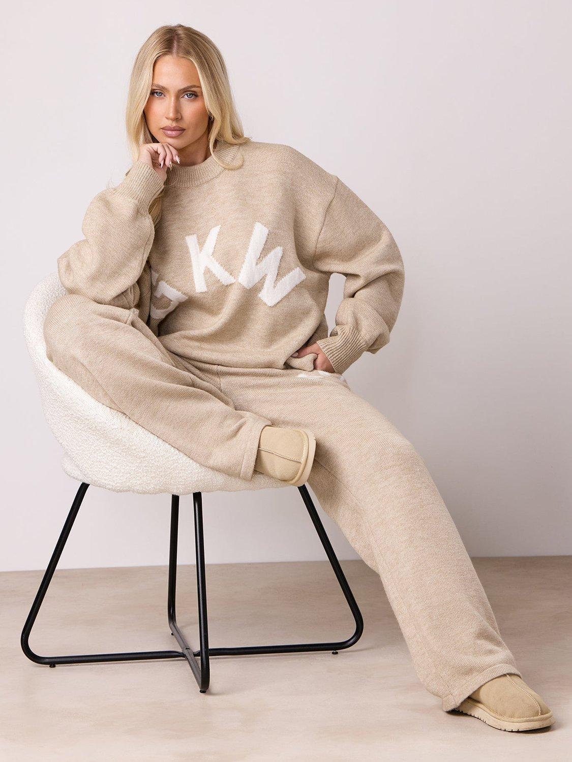Product image 9 of 10, which shows Gym King Oversized Knitted Track Bottoms, Beige Marl, 12