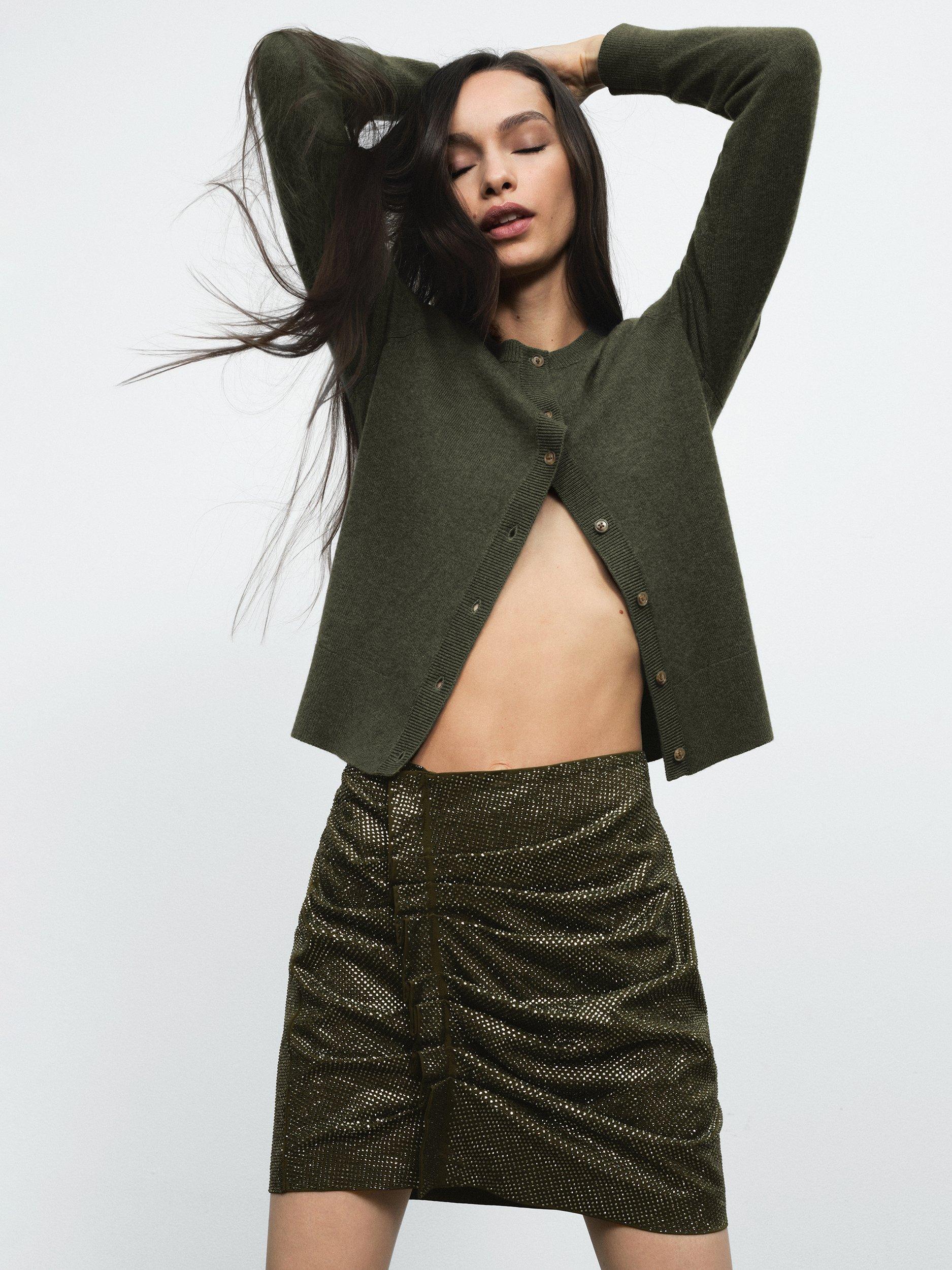 Product image 1 of 5, which shows Reiss Jules Sequin Skirt, Khaki Green, 8