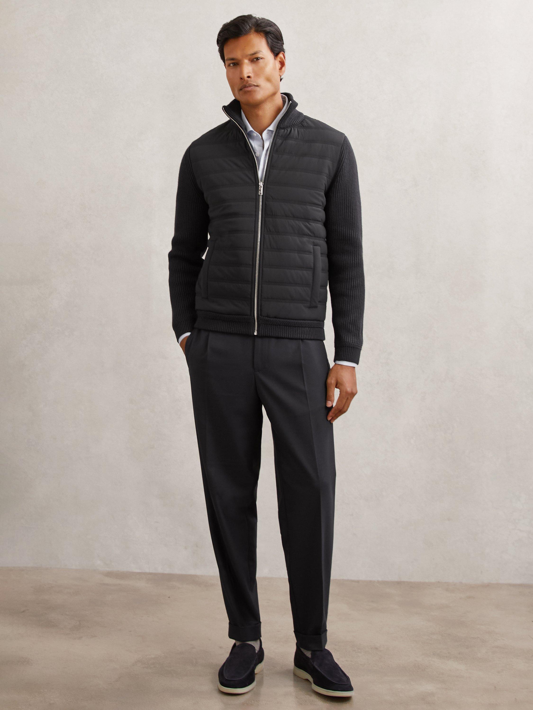 Product image 1 of 5, which shows Reiss Townsend Quilted Rib Knit Funnel Neck Jacket, Navy, XS