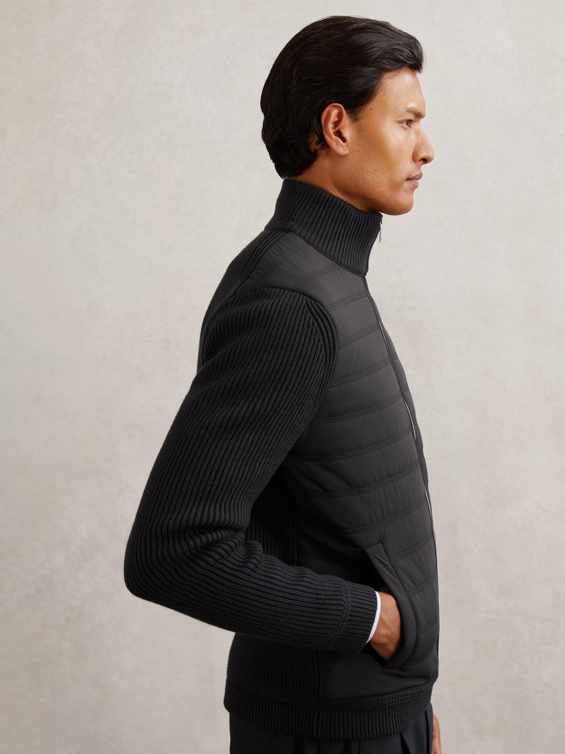 Product image 3 of 5, which shows Reiss Townsend Quilted Rib Knit Funnel Neck Jacket, Navy, XS