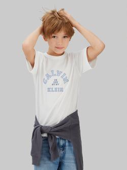Calvin Klein Kids' Cotton Short Sleeved Varsity T-Shirt, Legacy Brown, Bright White