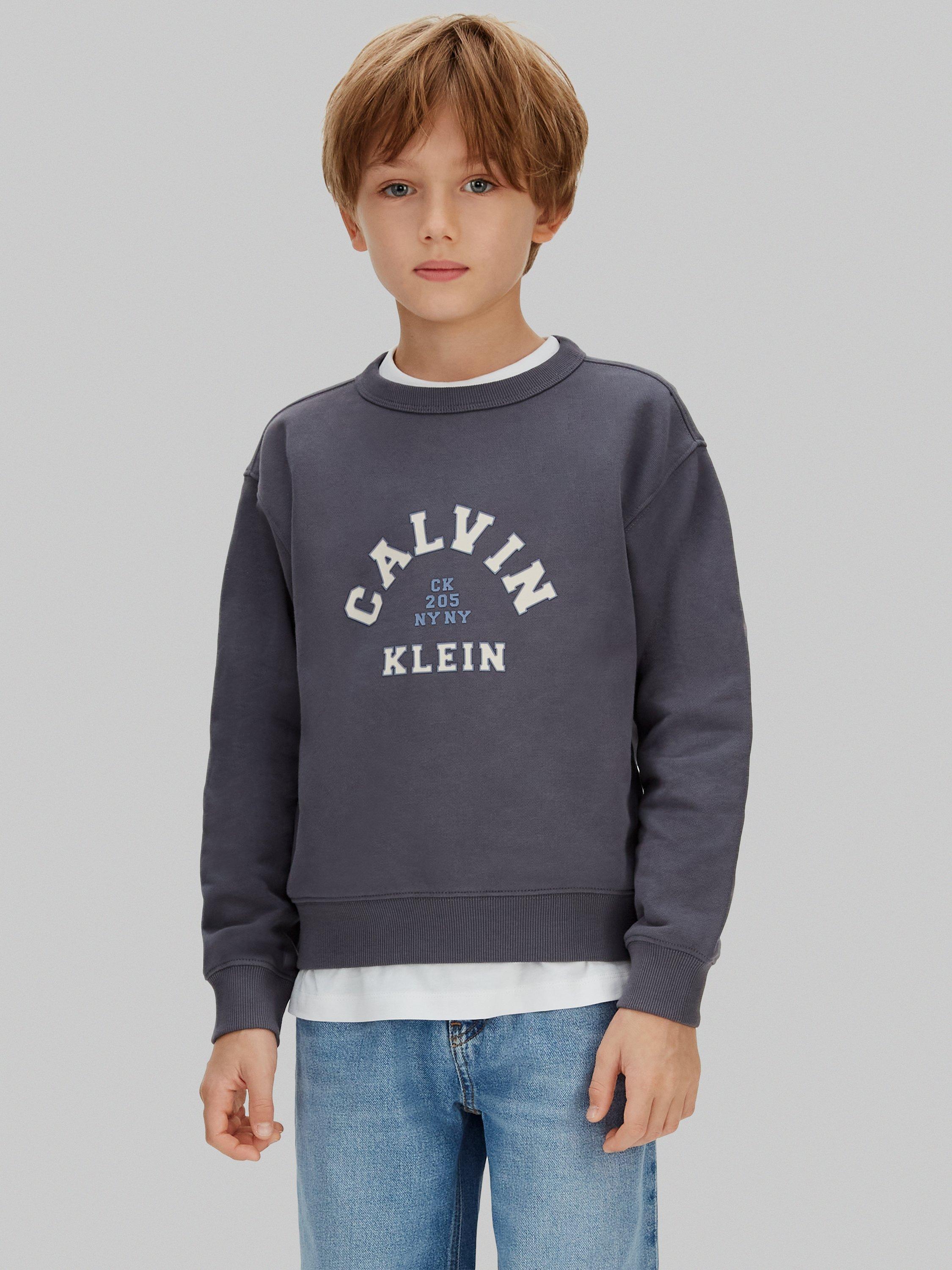 Product image 1 of 5, which shows Calvin Klein Kids' Cotton Varsity Sweatshirt, Coal, 4 years