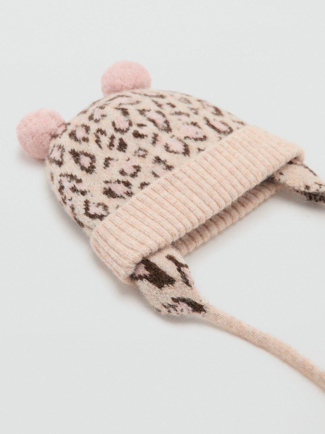 Product image 2 of 3, which shows Mango Baby Meow Pom-Pom Trapper Hat, Light Brown, 1-3 months