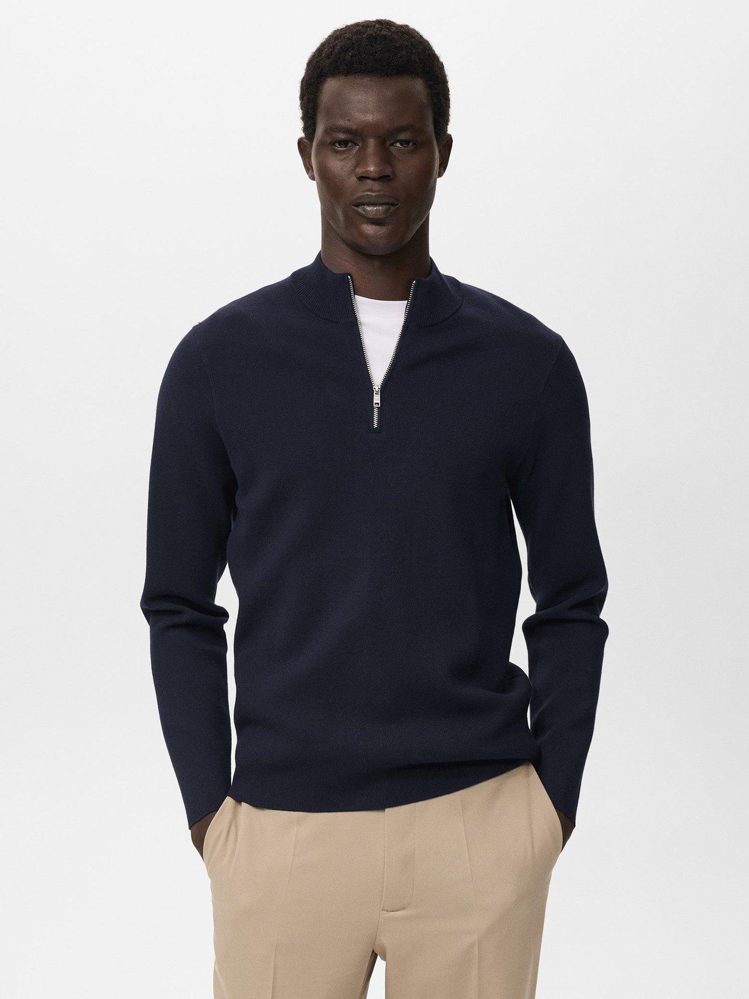 Product image 1 of 8, which shows Mango Luxus Zip Neck Jumper, Navy, S