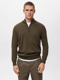 Mango Willy Wool Zip-Neck Jumper, Dark Green