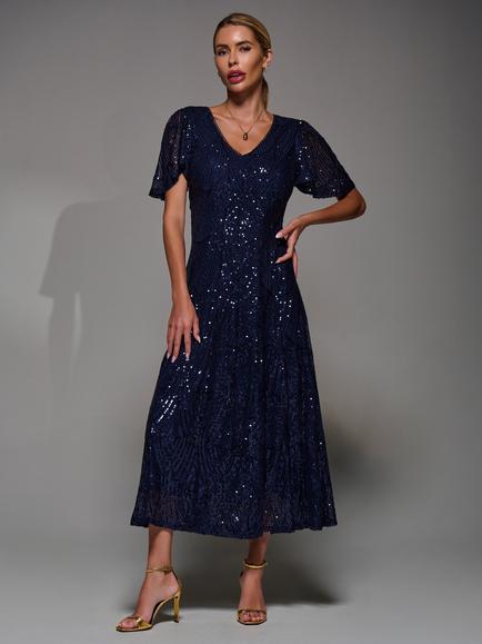 Jolie Moi Sequin Angel Sleeve Dress, Navy