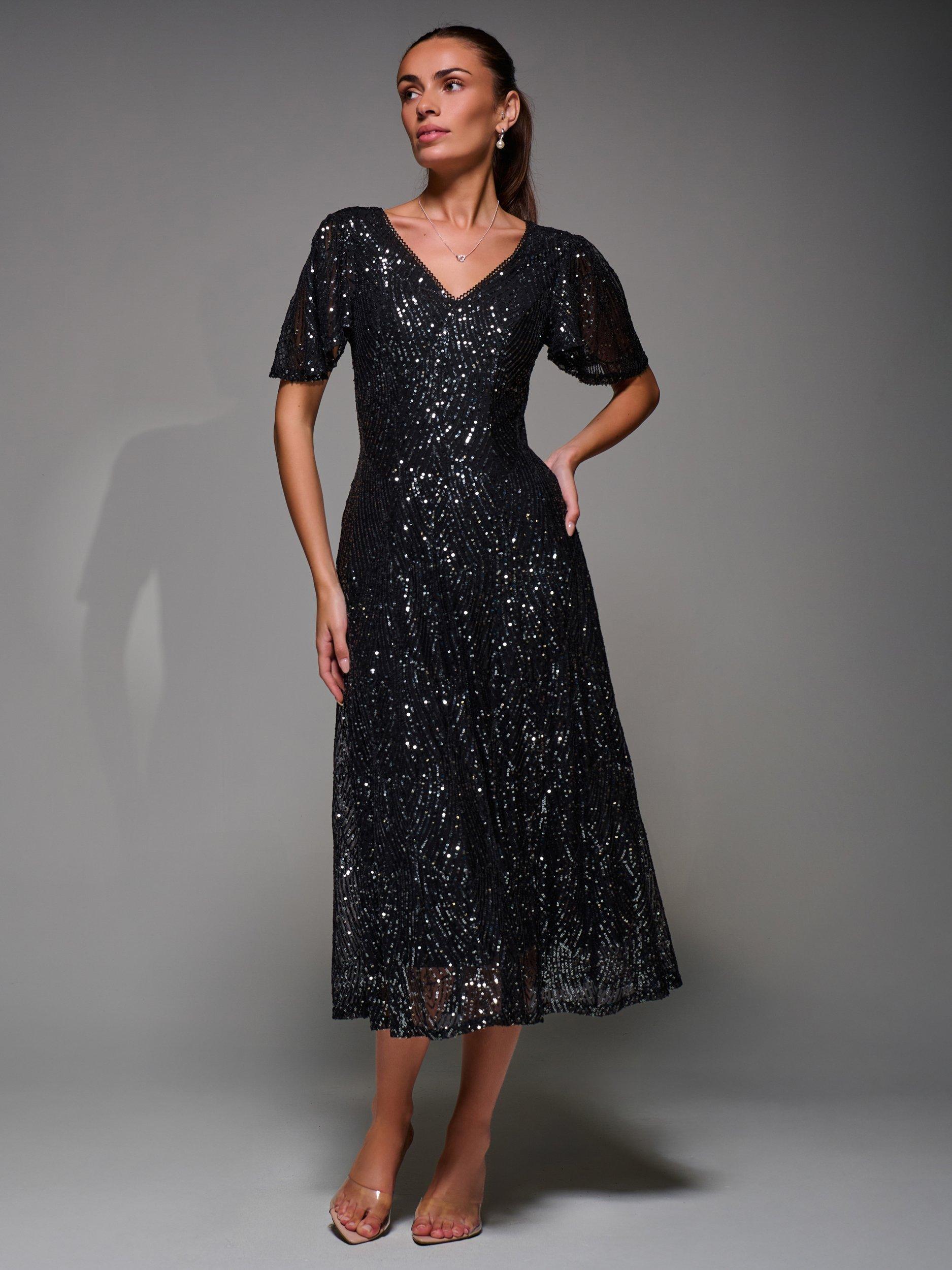 Product image 1 of 7, which shows Jolie Moi Sequin Angel Sleeve Dress, Black Metallic, 8