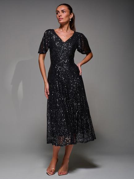 Jolie Moi Sequin Angel Sleeve Dress, Black Metallic