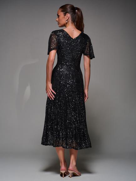 Jolie Moi Sequin Angel Sleeve Dress - view 2, Black Metallic