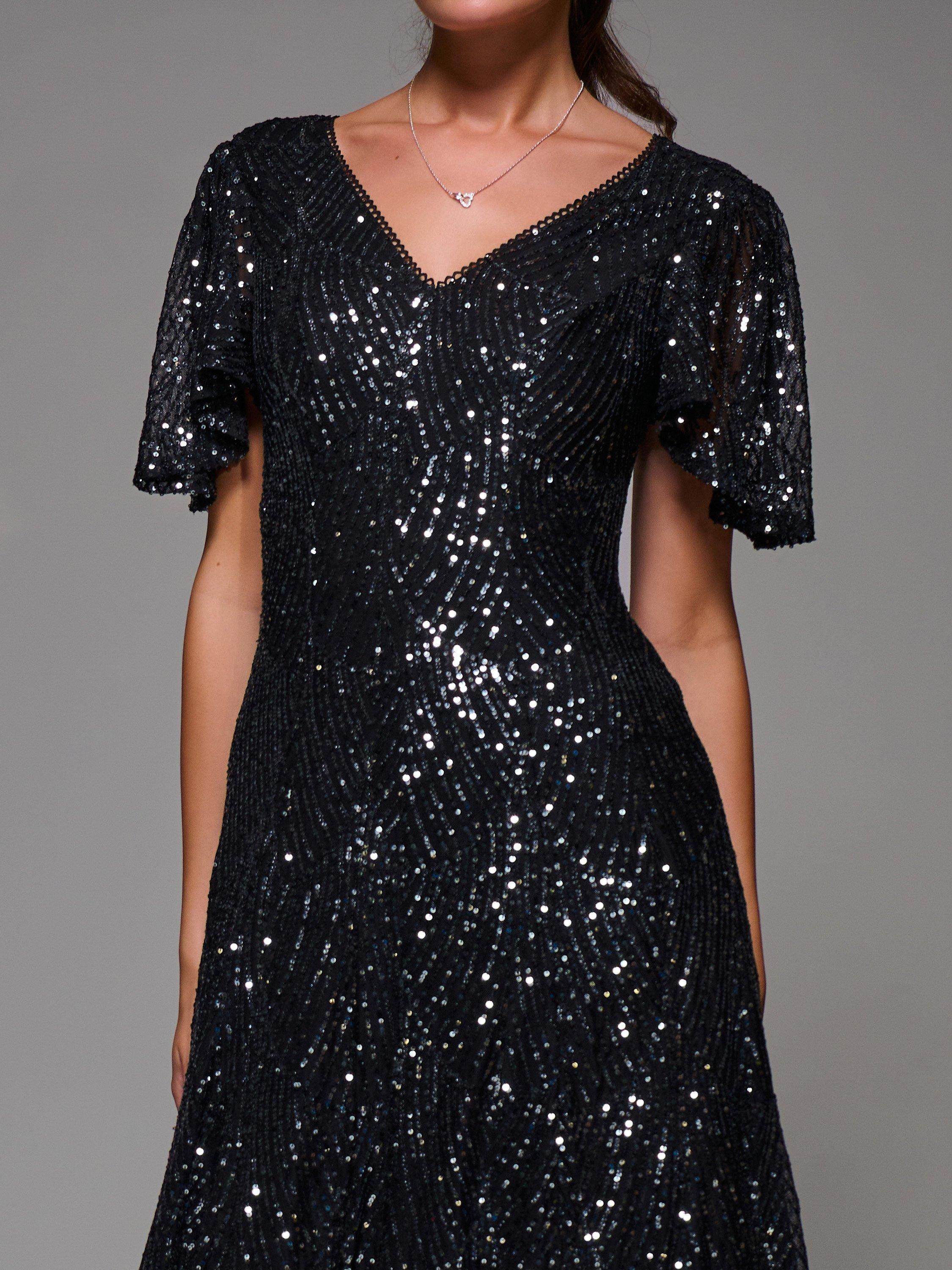 Product image 4 of 7, which shows Jolie Moi Sequin Angel Sleeve Dress, Black Metallic, 8
