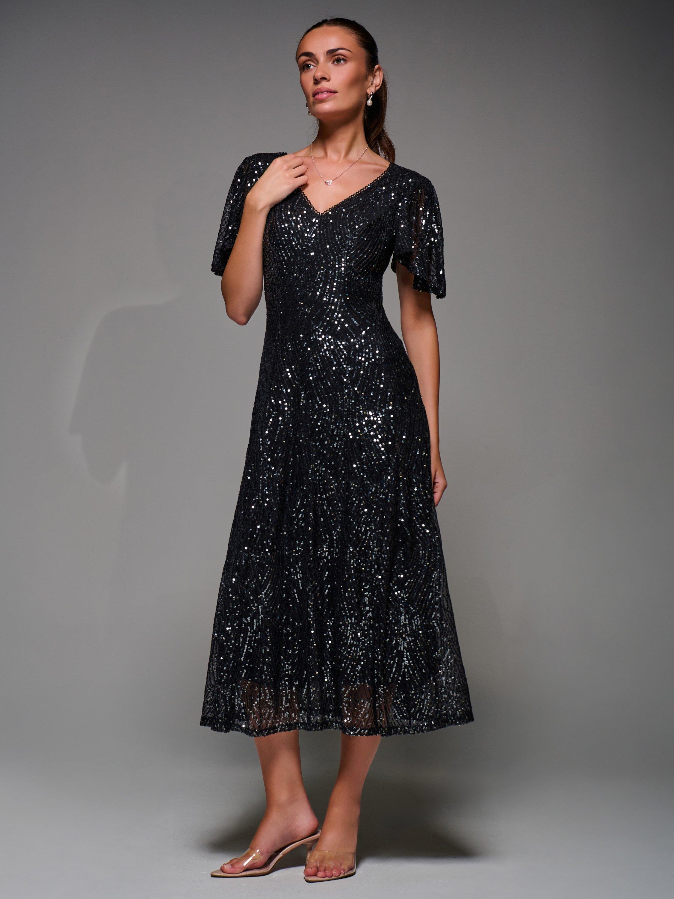 Product image 5 of 7, which shows Jolie Moi Sequin Angel Sleeve Dress, Black Metallic, 8