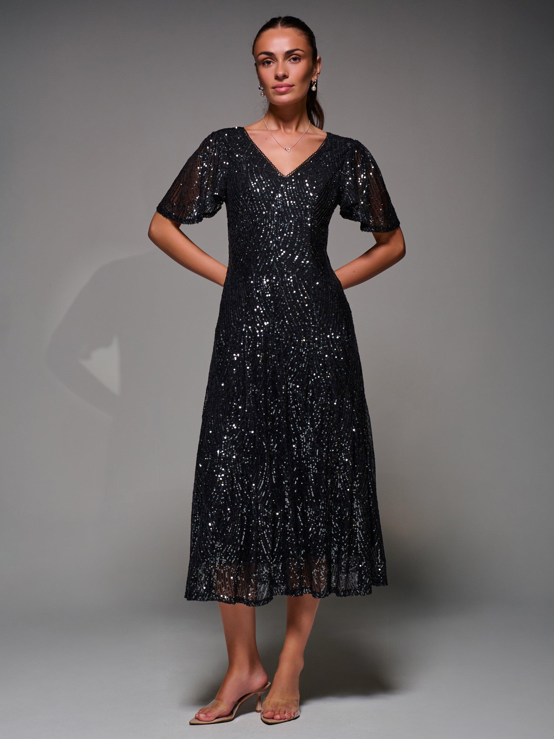 Product image 6 of 7, which shows Jolie Moi Sequin Angel Sleeve Dress, Black Metallic, 8