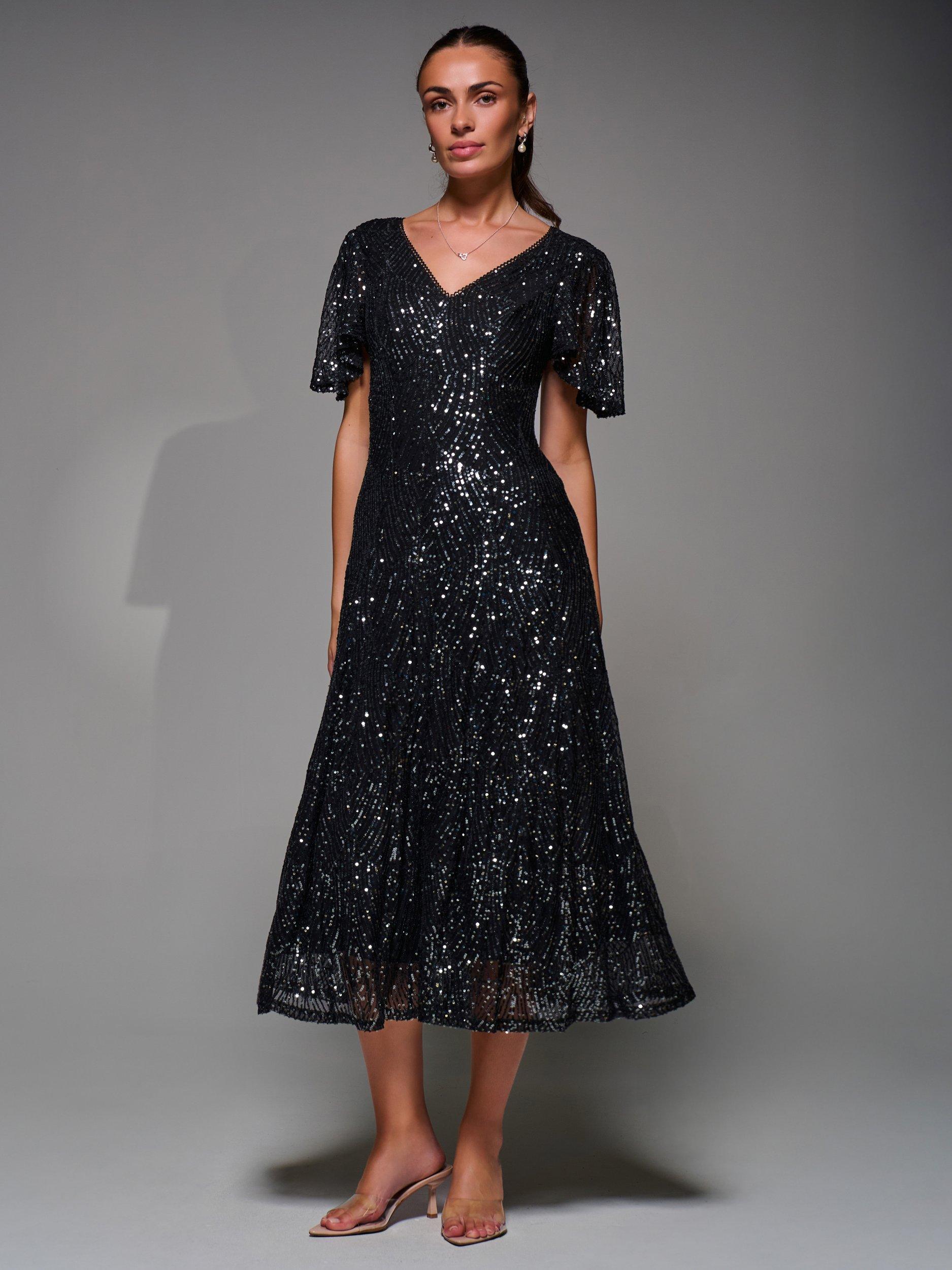 Product image 7 of 7, which shows Jolie Moi Sequin Angel Sleeve Dress, Black Metallic, 8
