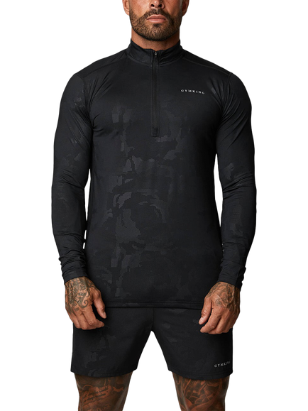 Gym King Men's Debossed Camo Print Funnel Neck Training Top, Black, Black