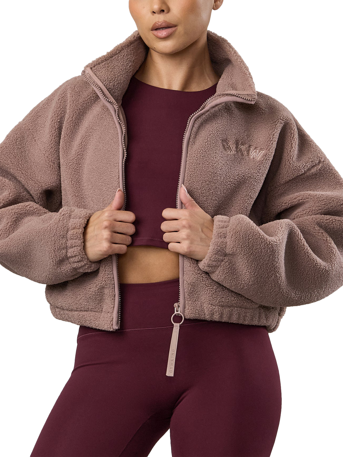 Product image 1 of 7, which shows Gym King Women's Full Zip Cropped Borg Jacket, Fawn, 14