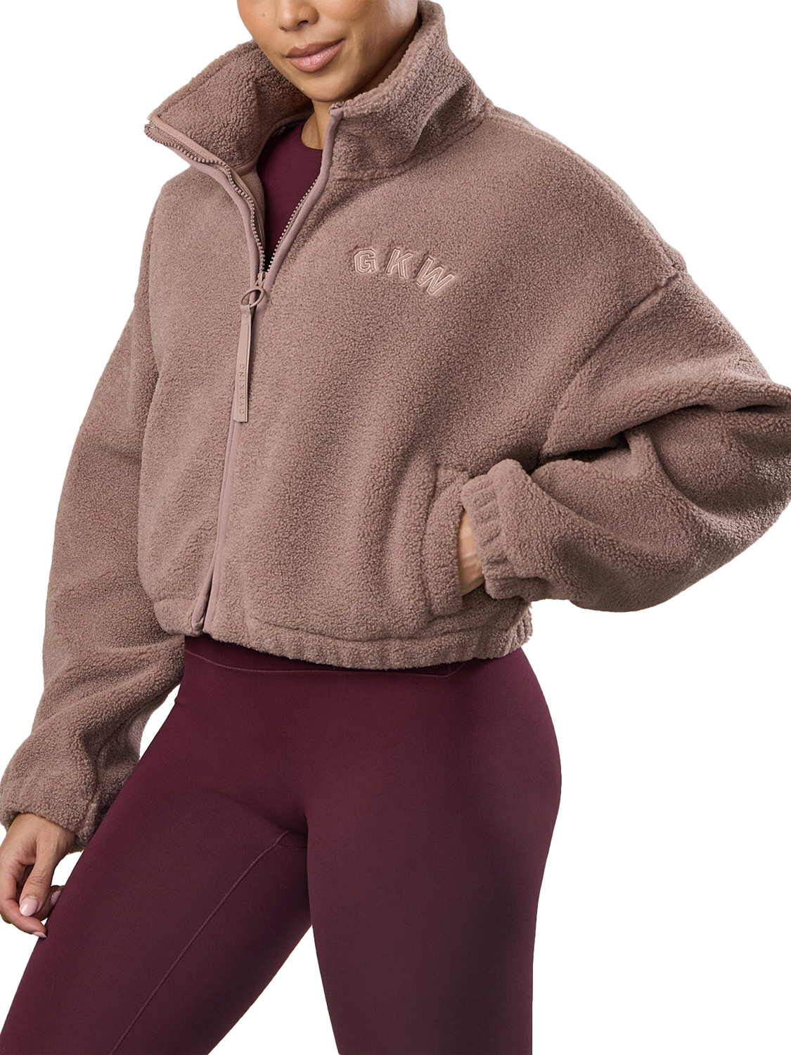 Product image 2 of 7, which shows Gym King Women's Full Zip Cropped Borg Jacket, Fawn, 14