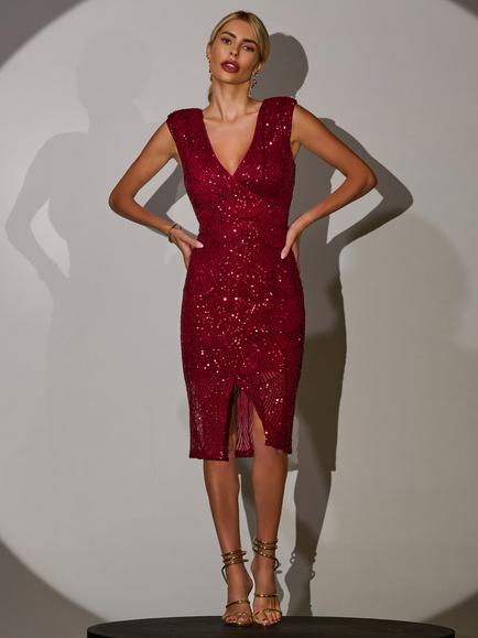 Jolie Moi Sequin Sleeveless V Neck Bodycon Wrap Midi Dress, Dark Red