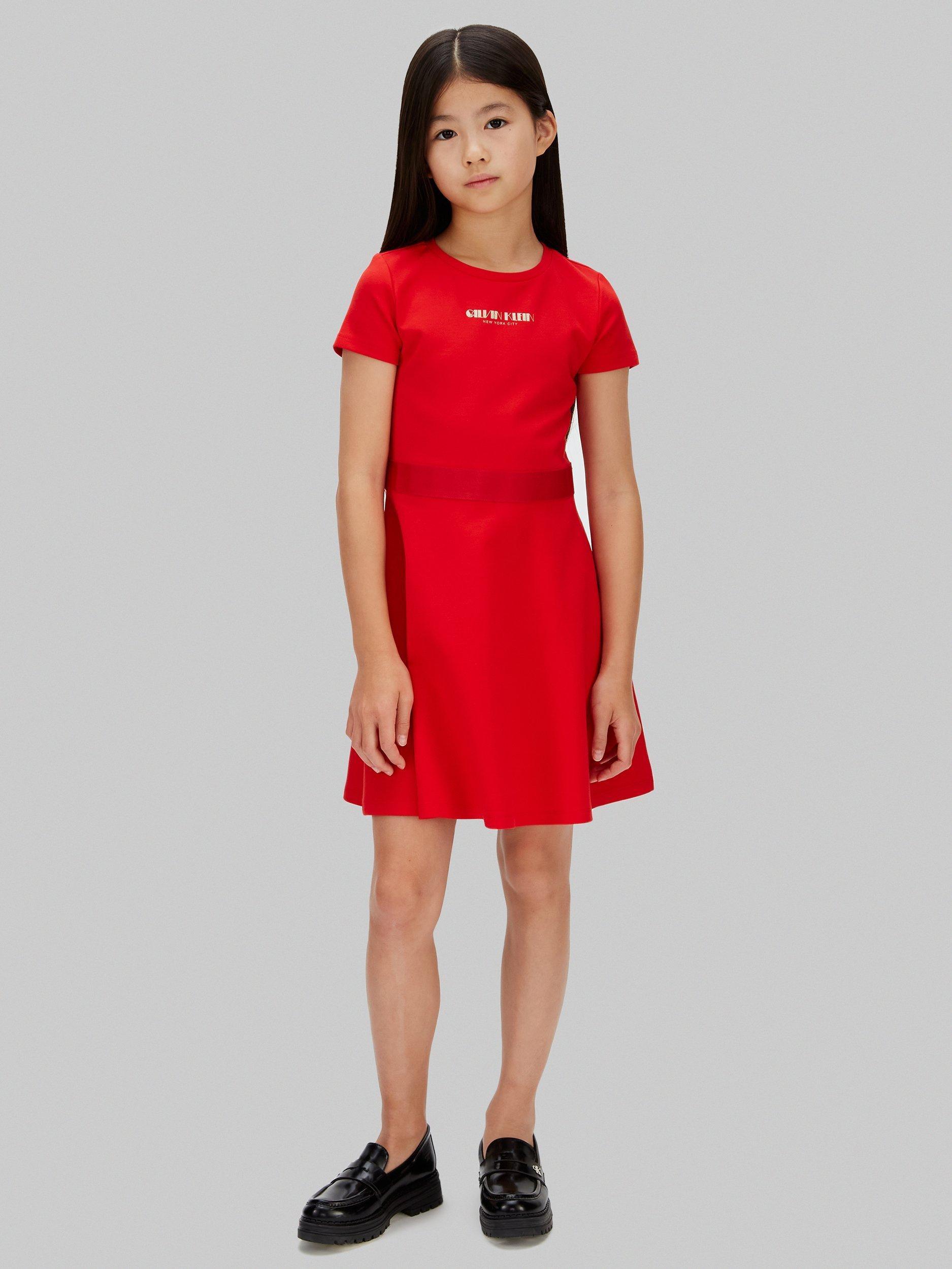 slim fit dress slacks Calvin Klein Girls Logo Tape Punto Dress in Black main image 0