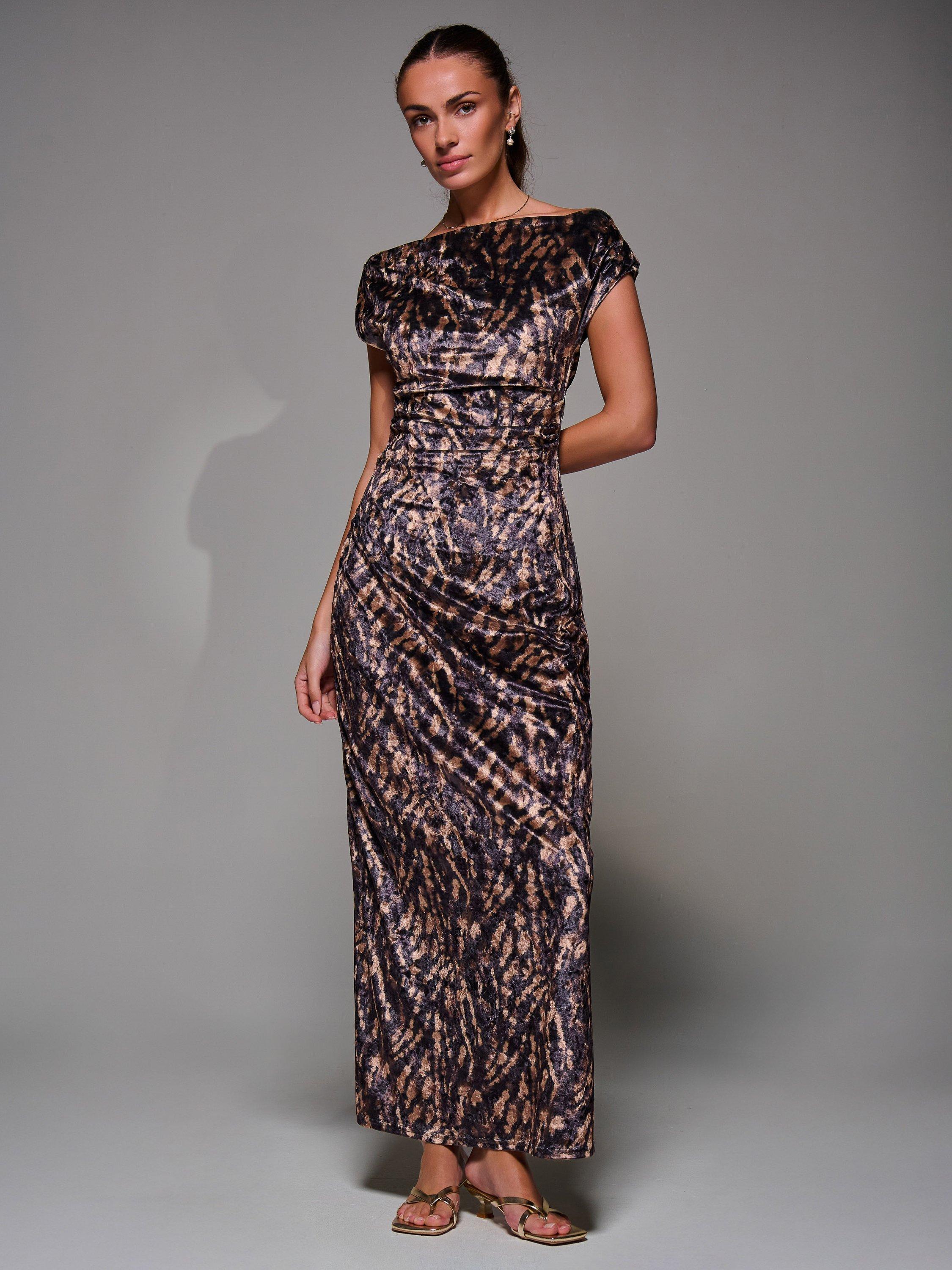 Product image 1 of 7, which shows Jolie Moi Draped Velvet Dress, Brown, 8
