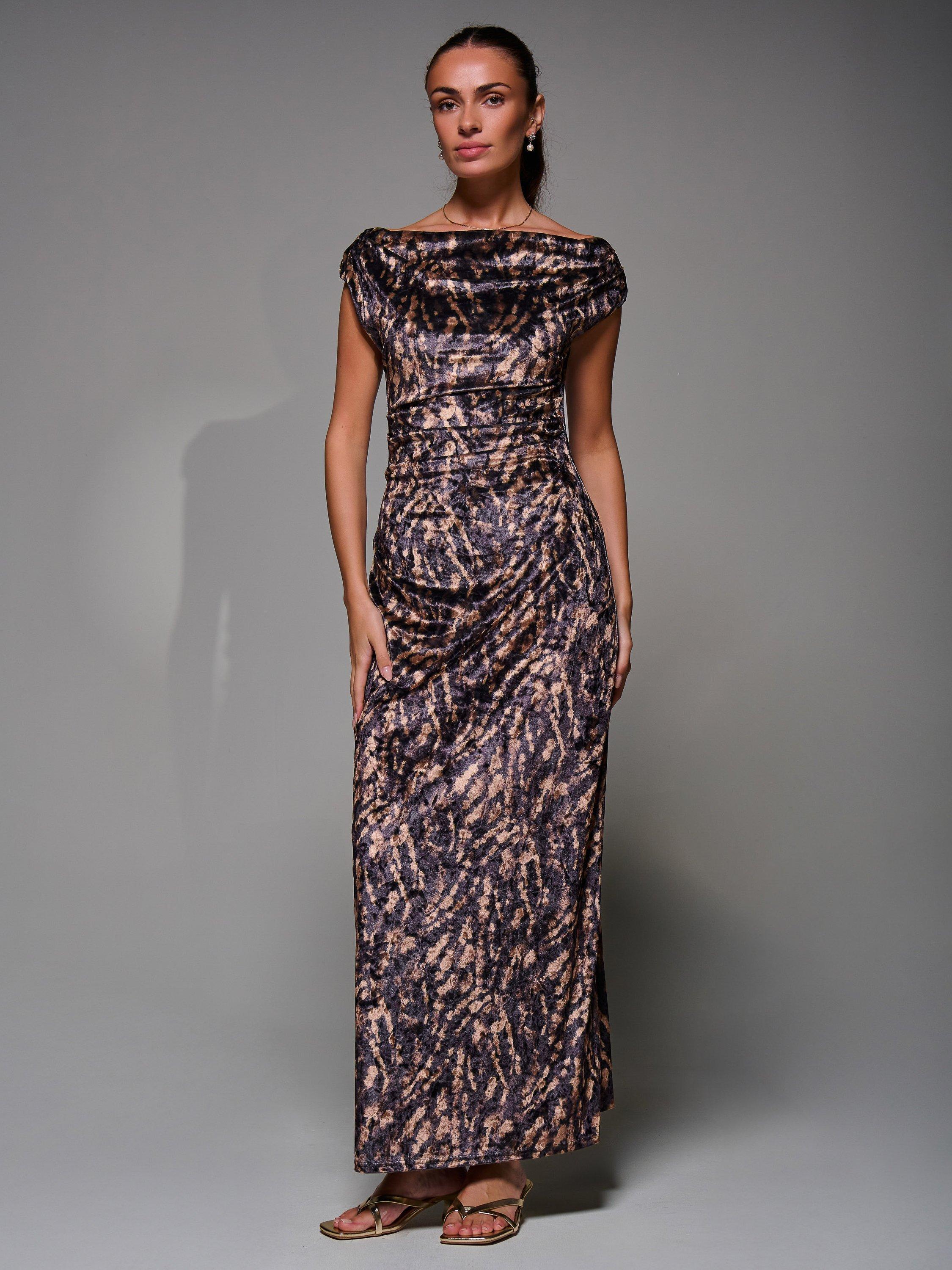 Product image 3 of 7, which shows Jolie Moi Draped Velvet Dress, Brown, 8