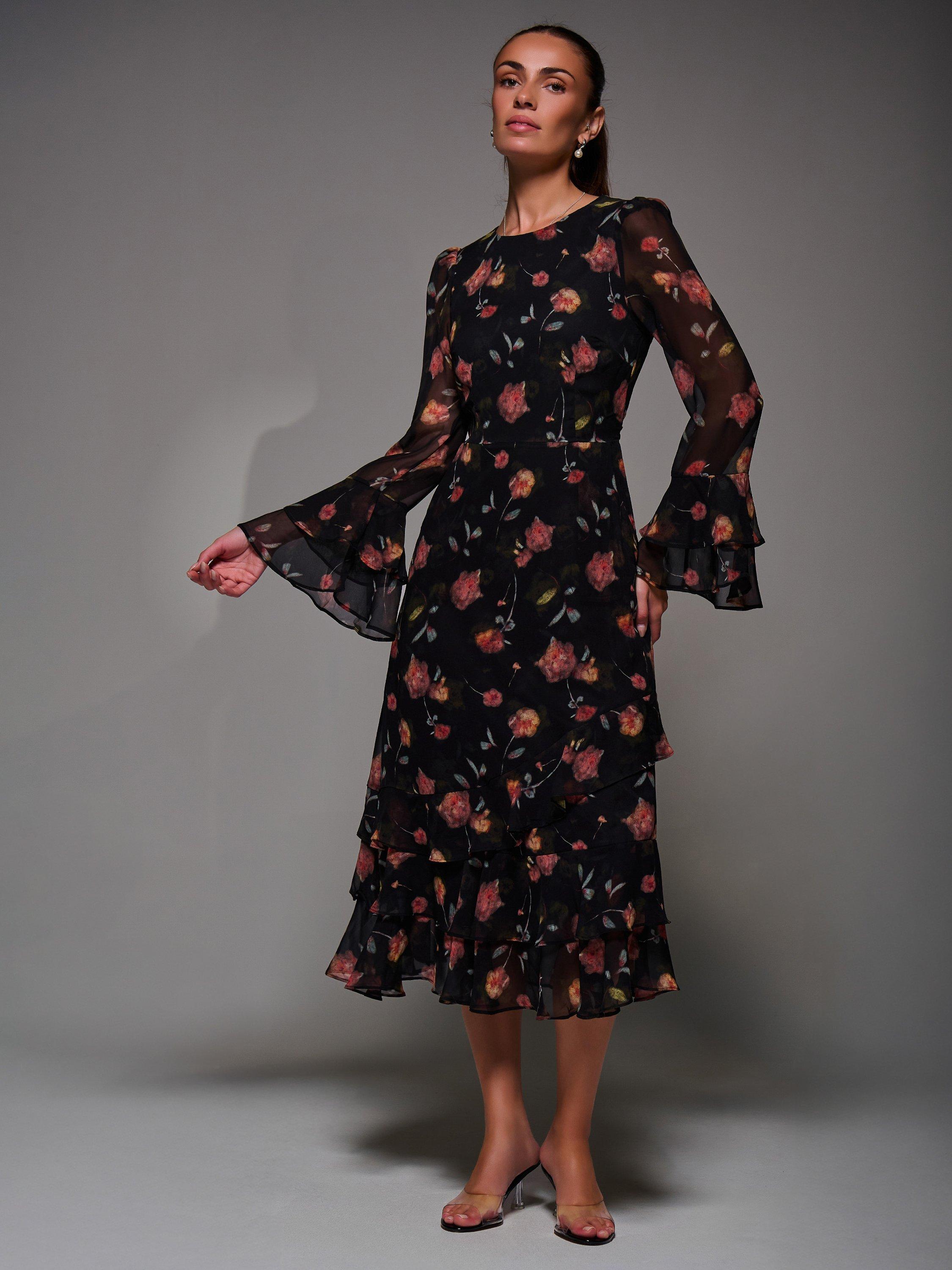 Product image 1 of 7, which shows Jolie Moi Frill Chiffon Dress, Black/Pink, 8