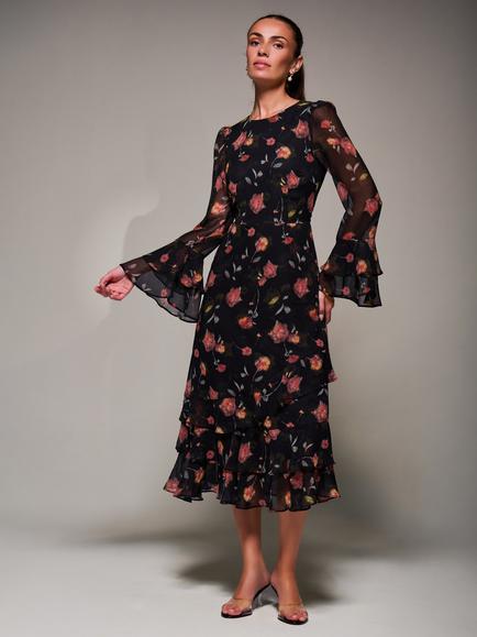 Jolie Moi Frill Chiffon Dress, Black/Pink