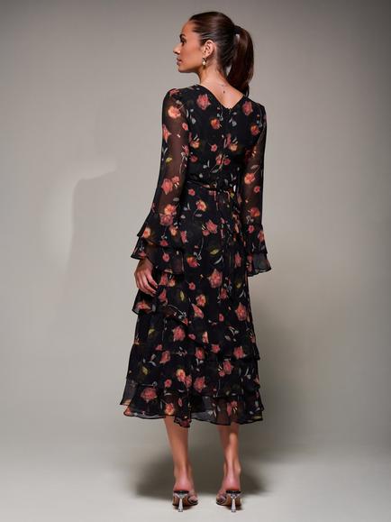 Jolie Moi Frill Chiffon Dress - view 2, Black/Pink