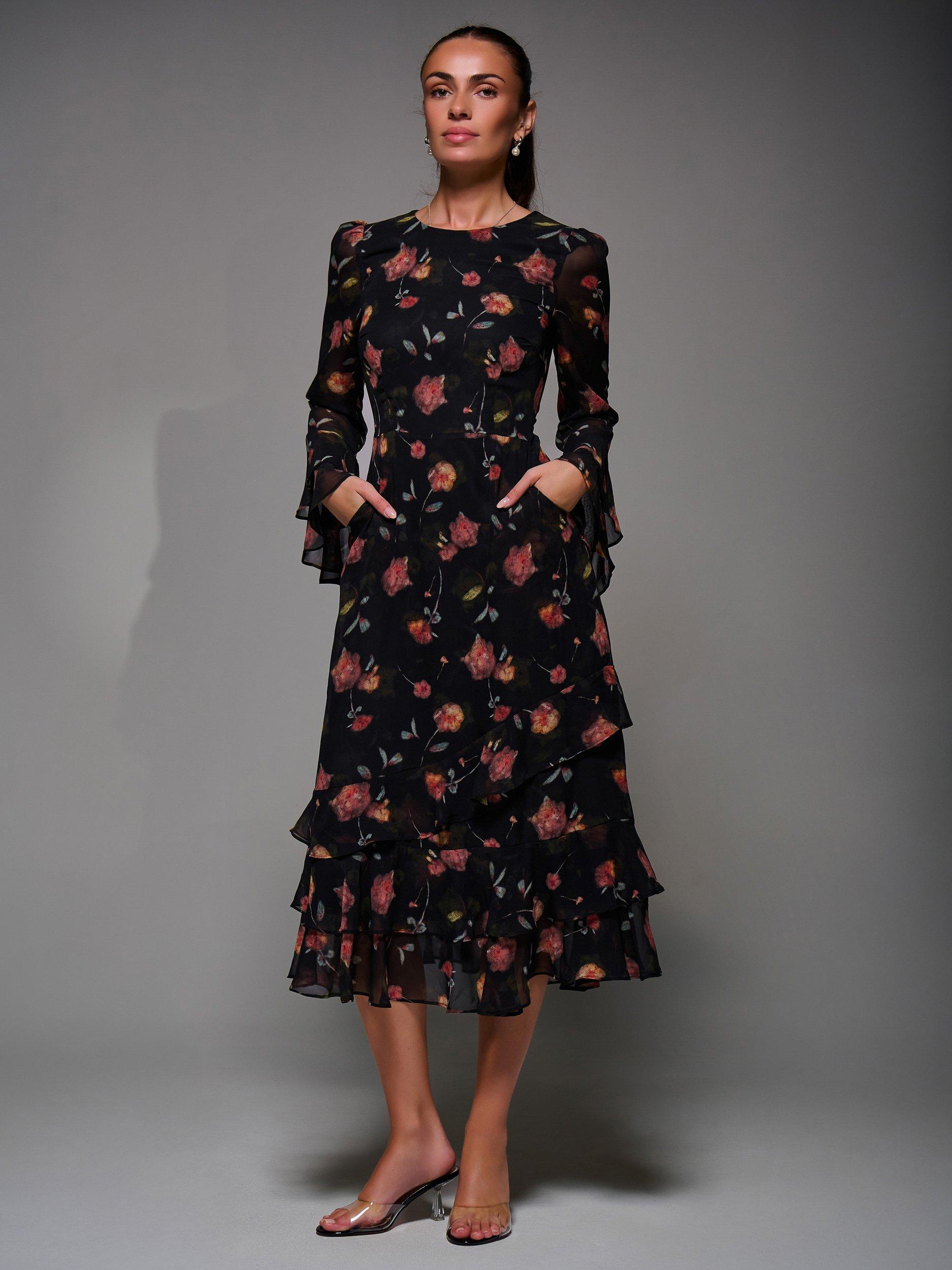 Product image 3 of 7, which shows Jolie Moi Frill Chiffon Dress, Black/Pink, 8