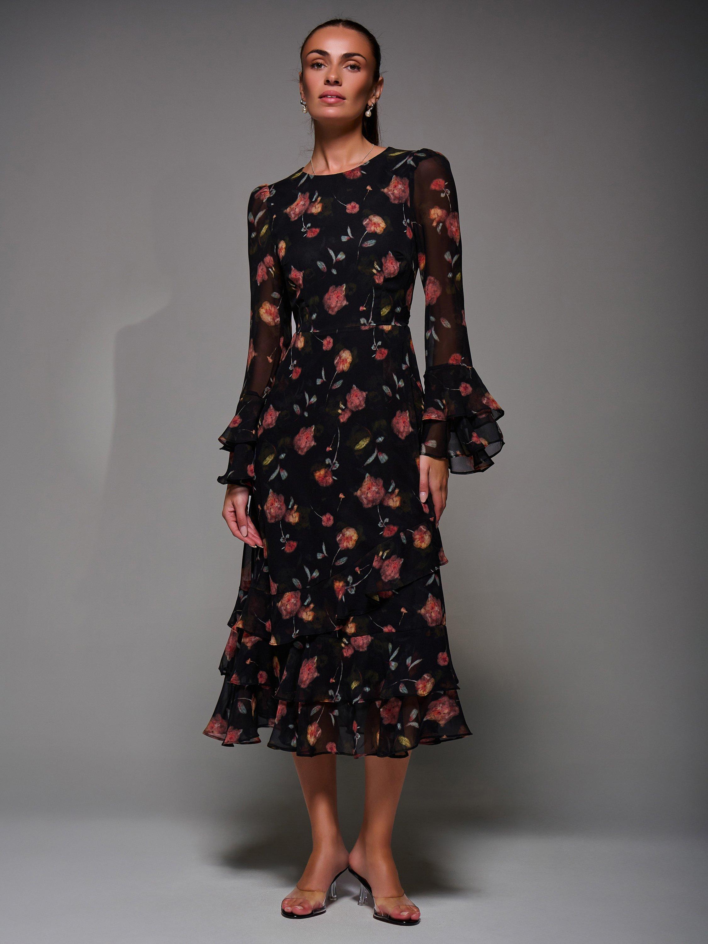 Product image 5 of 7, which shows Jolie Moi Frill Chiffon Dress, Black/Pink, 8