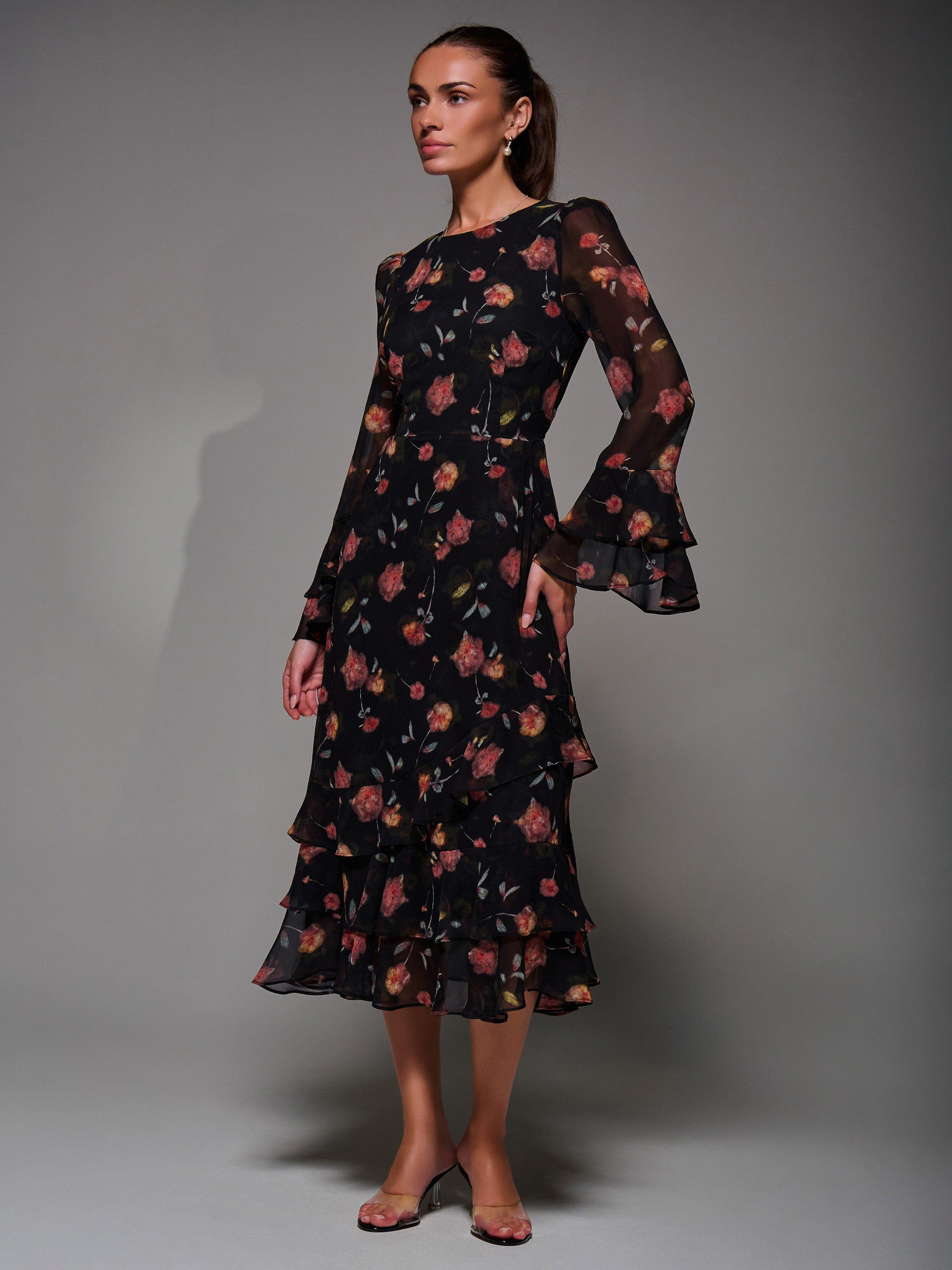 Product image 6 of 7, which shows Jolie Moi Frill Chiffon Dress, Black/Pink, 8