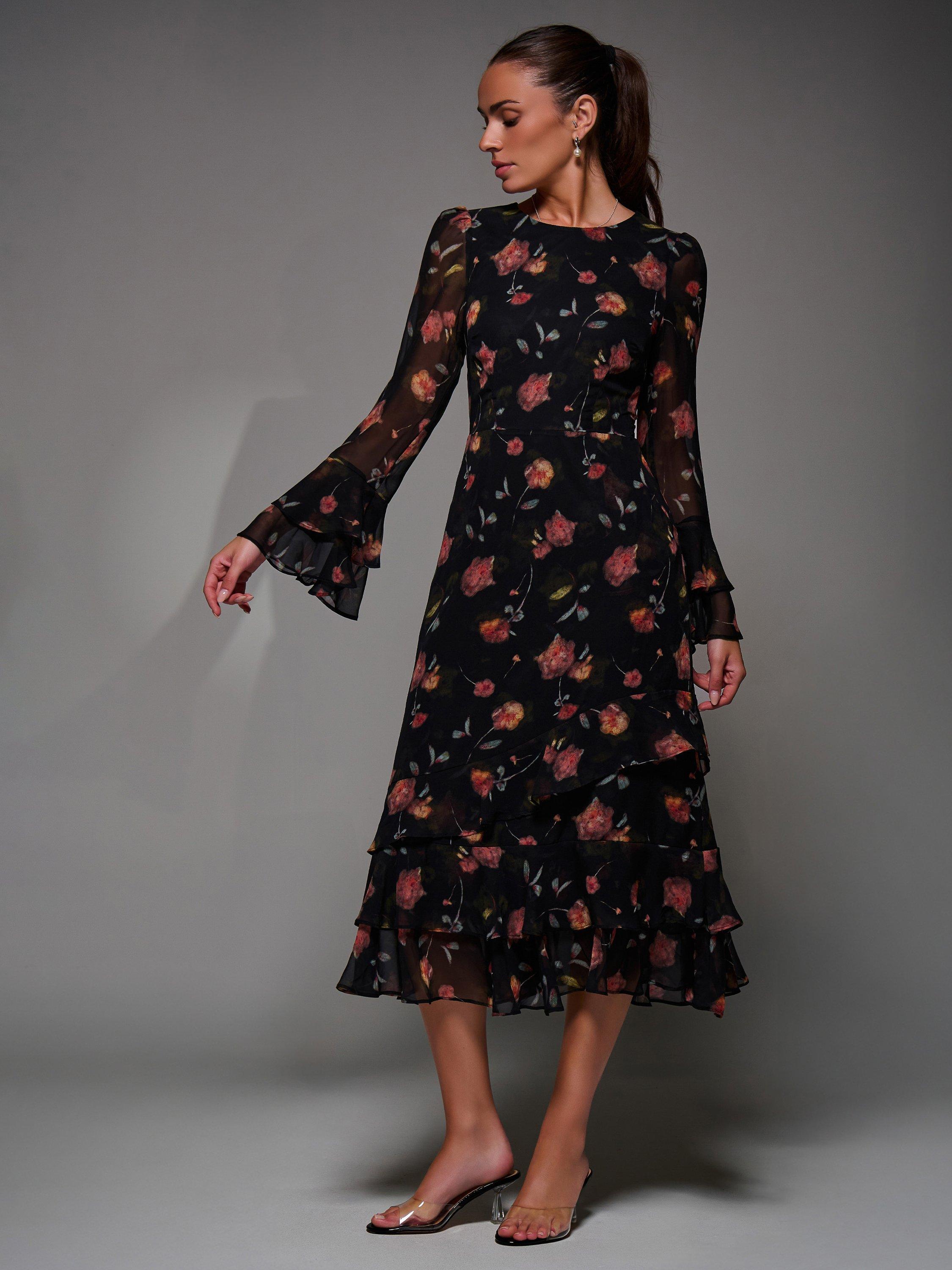 Product image 7 of 7, which shows Jolie Moi Frill Chiffon Dress, Black/Pink, 8