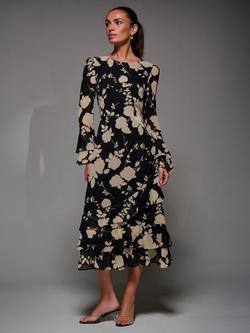 Jolie Moi Frill Chiffon Dress, Black/Beige