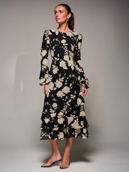 Jolie Moi Frill Chiffon Dress, Black/Beige