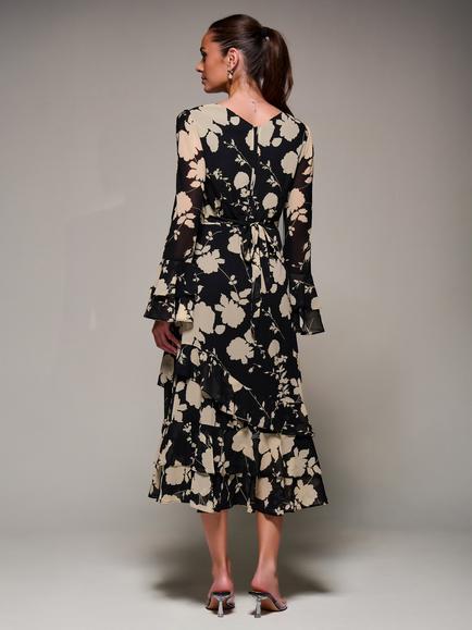 Jolie Moi Frill Chiffon Dress - view 2, Black/Beige