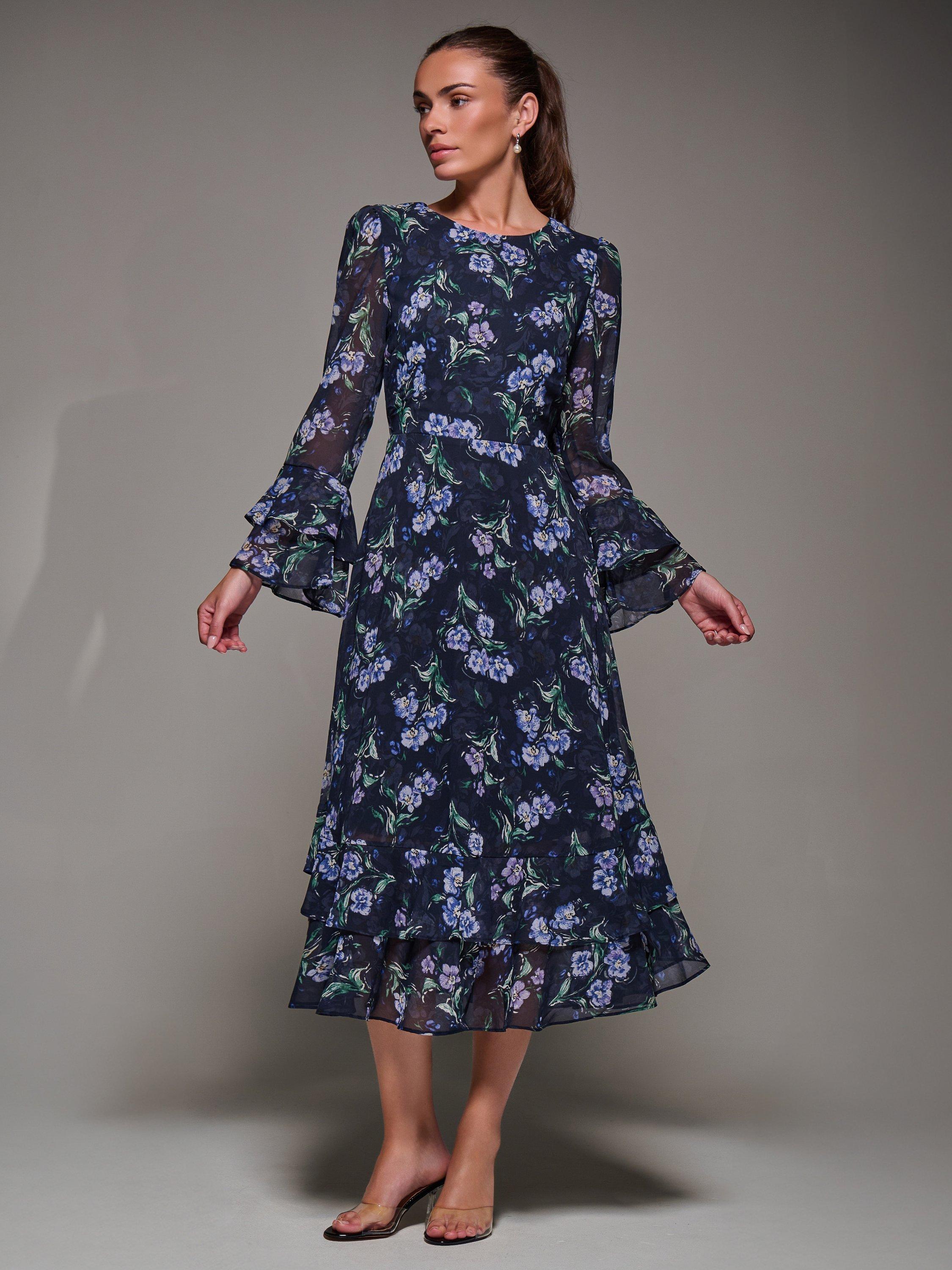 Product image 1 of 7, which shows Jolie Moi Frill Print Midi Dress, Navy, 8